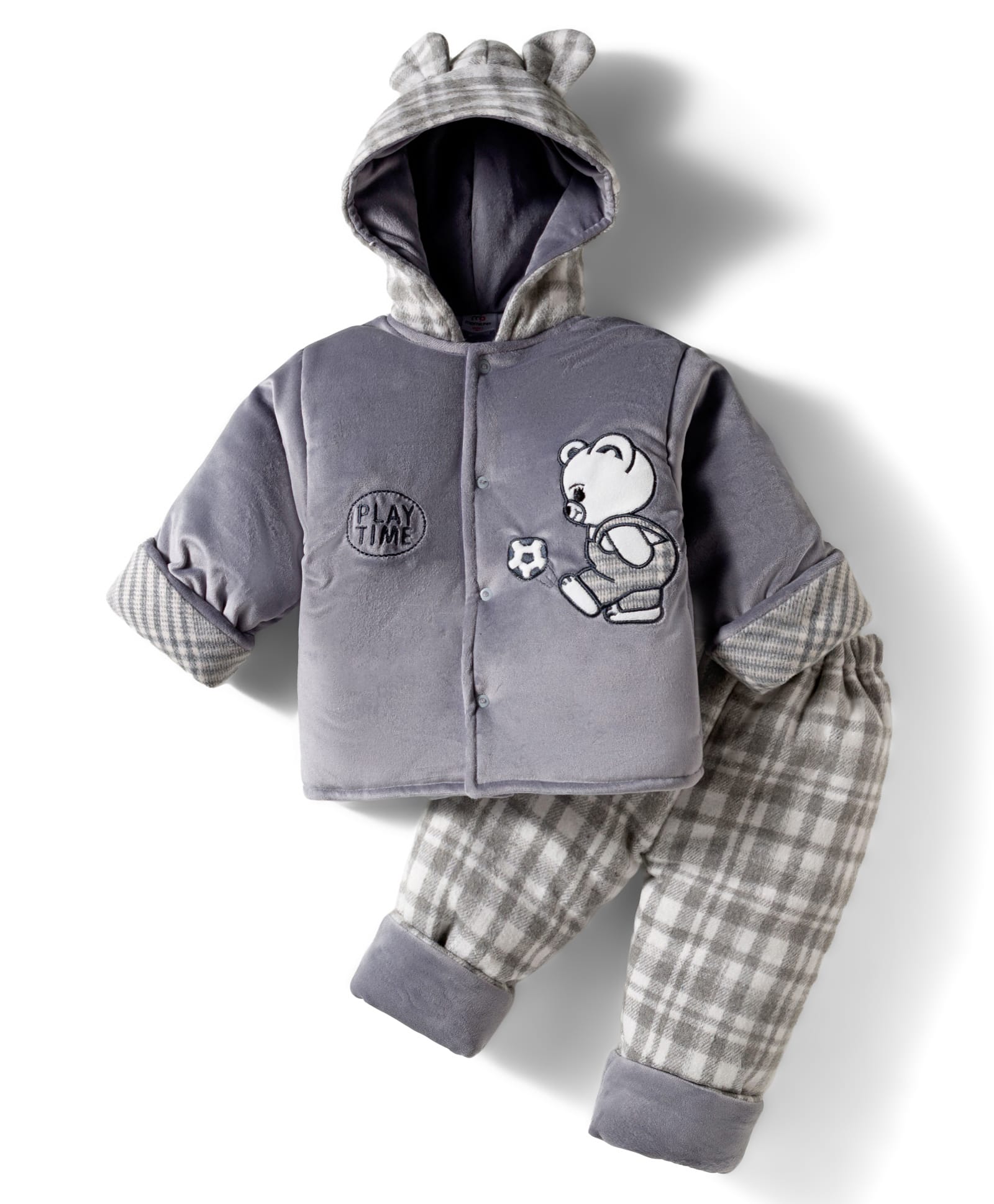 Mom's pet Velvet Knit Full Sleeves Panda Embroidered Winter Hooded Jacket & Pant Set - Grey-picture-20