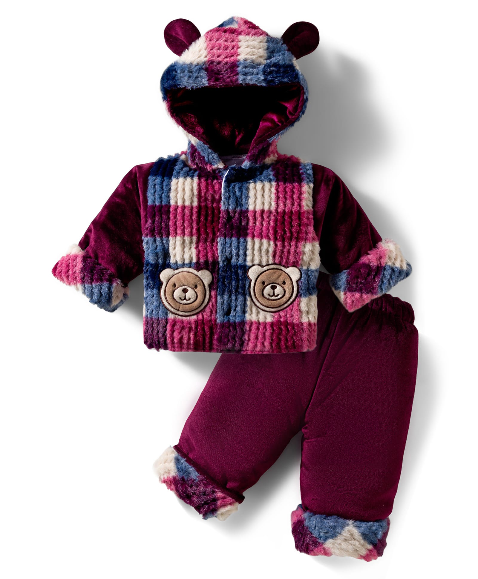 Mom's pet Velvet Knit Full Sleeves Bear Embroidered Winter Hooded Jacket & Pant Set -Maroon-picture-23