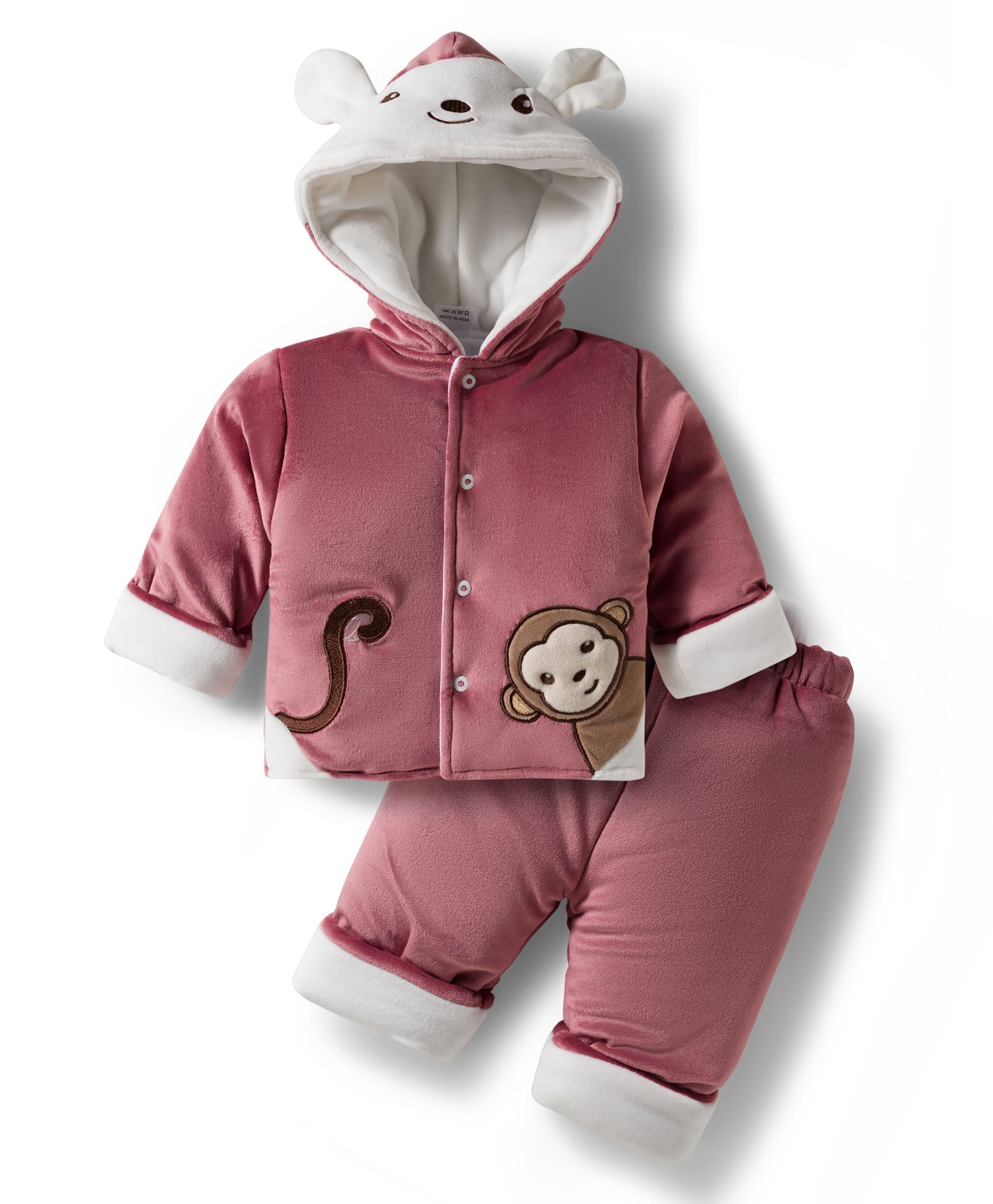 Mom's pet Cotton Spandex Knit Full Sleeves Monkey Embroidered Winter Hooded Jacket & Pant Set - Dark Pink-picture-22