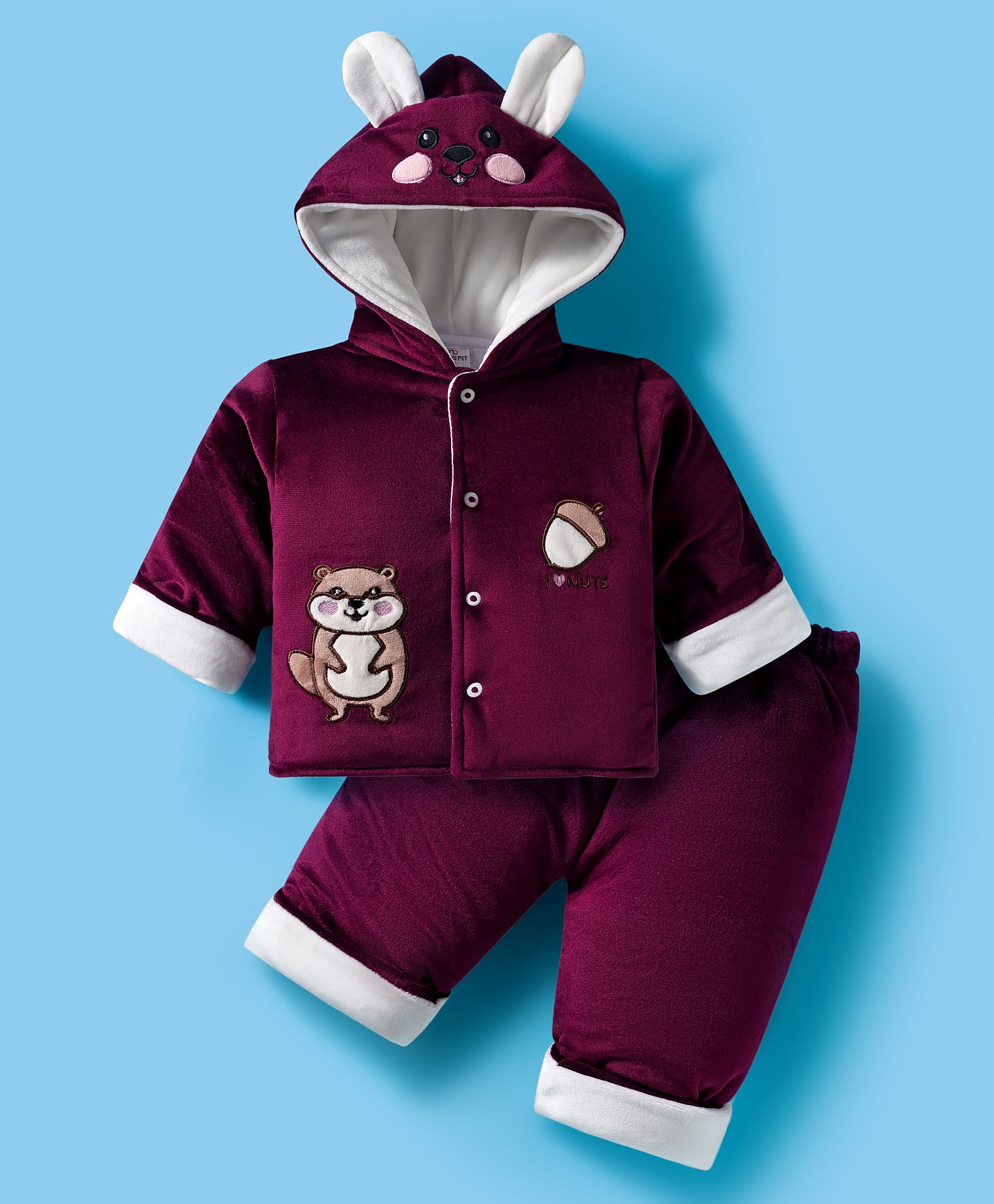 Mom's pet Cotton Spandex Knit Full Sleeves Squirrel Embroidered Winter Hooded Jacket & Pant Set - Maroon-picture-6