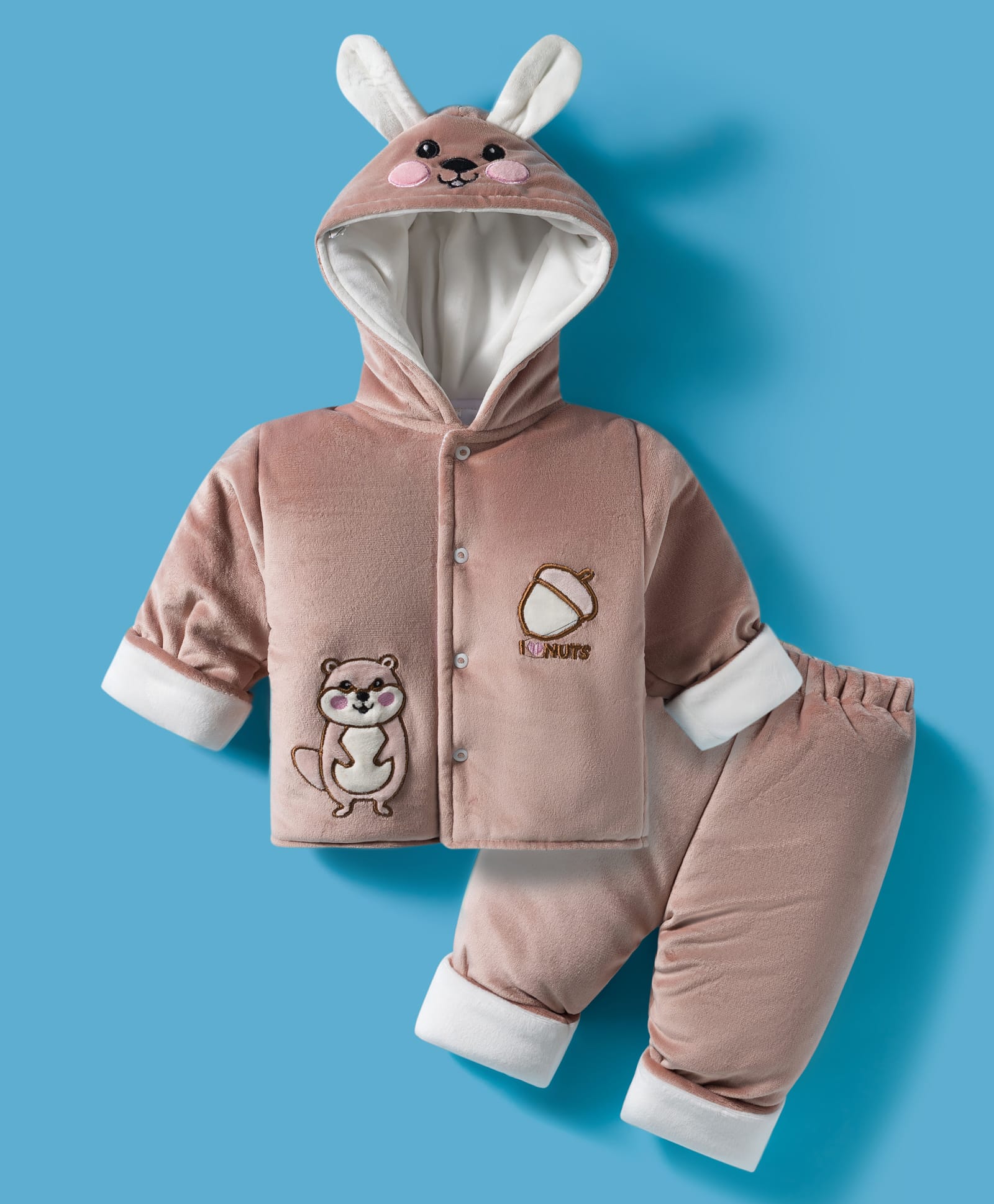 Mom's pet Cotton Spandex Knit Full Sleeves Squirrel Embroidered Winter Hooded Jacket & Pant Set - Brown-picture-21