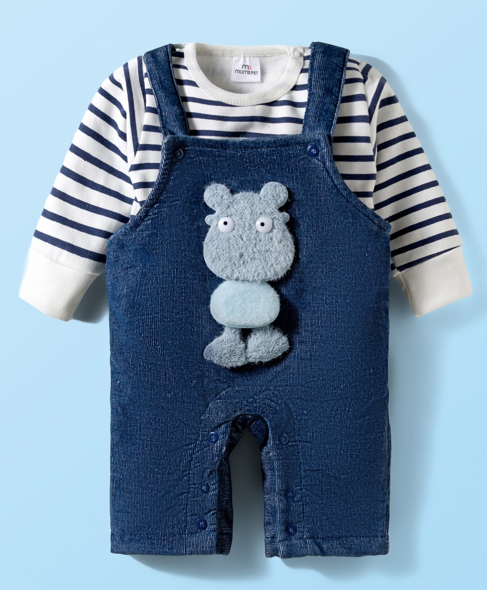 Mom's pet Fleece Knit Full Sleves Teddy Embroidered Dungaree With Tee - Blue-picture-44