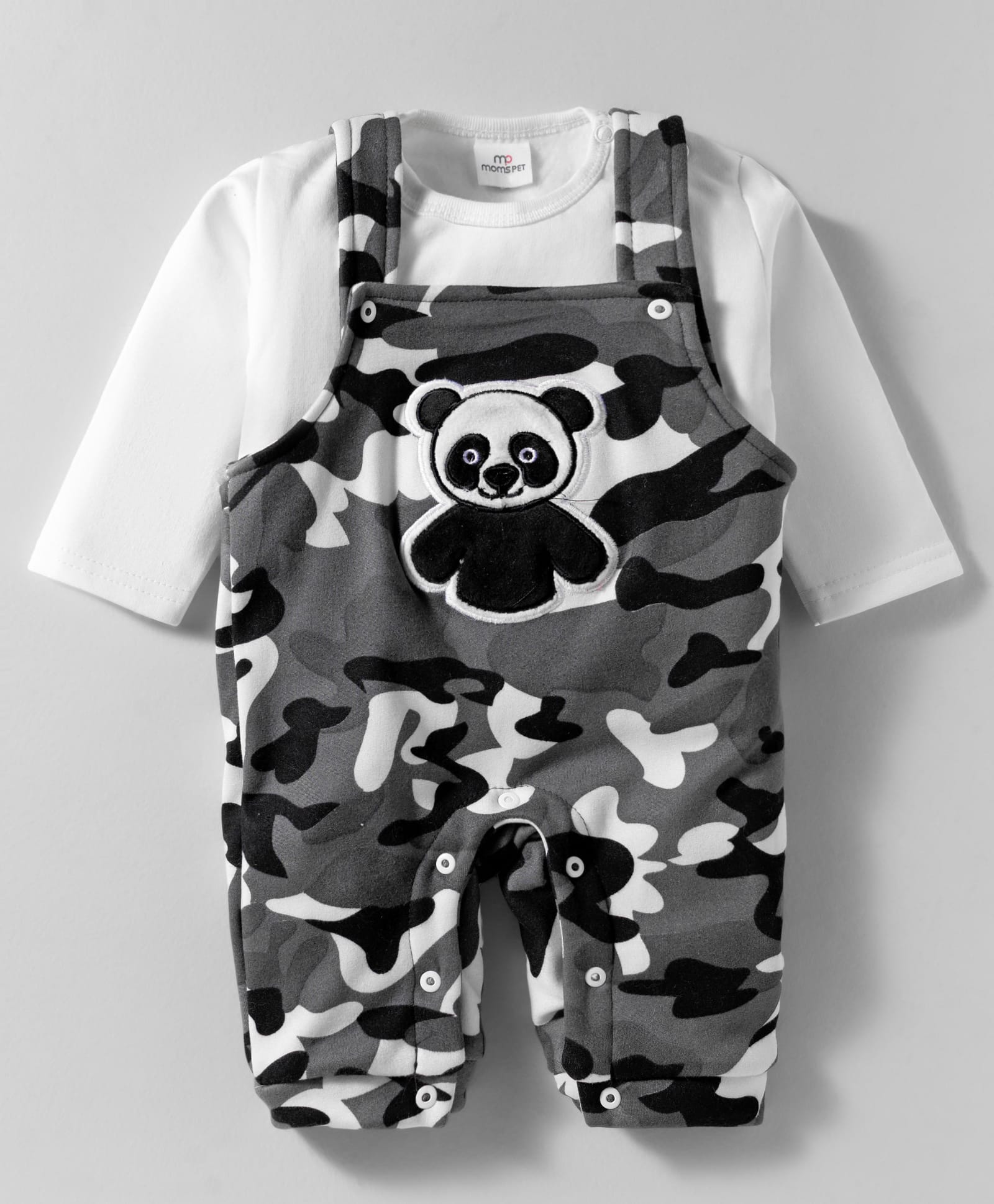 Mom's pet Fleece Knit Full Sleves Panda Embroidered Winter Dungaree With Tee - Grey-image-41