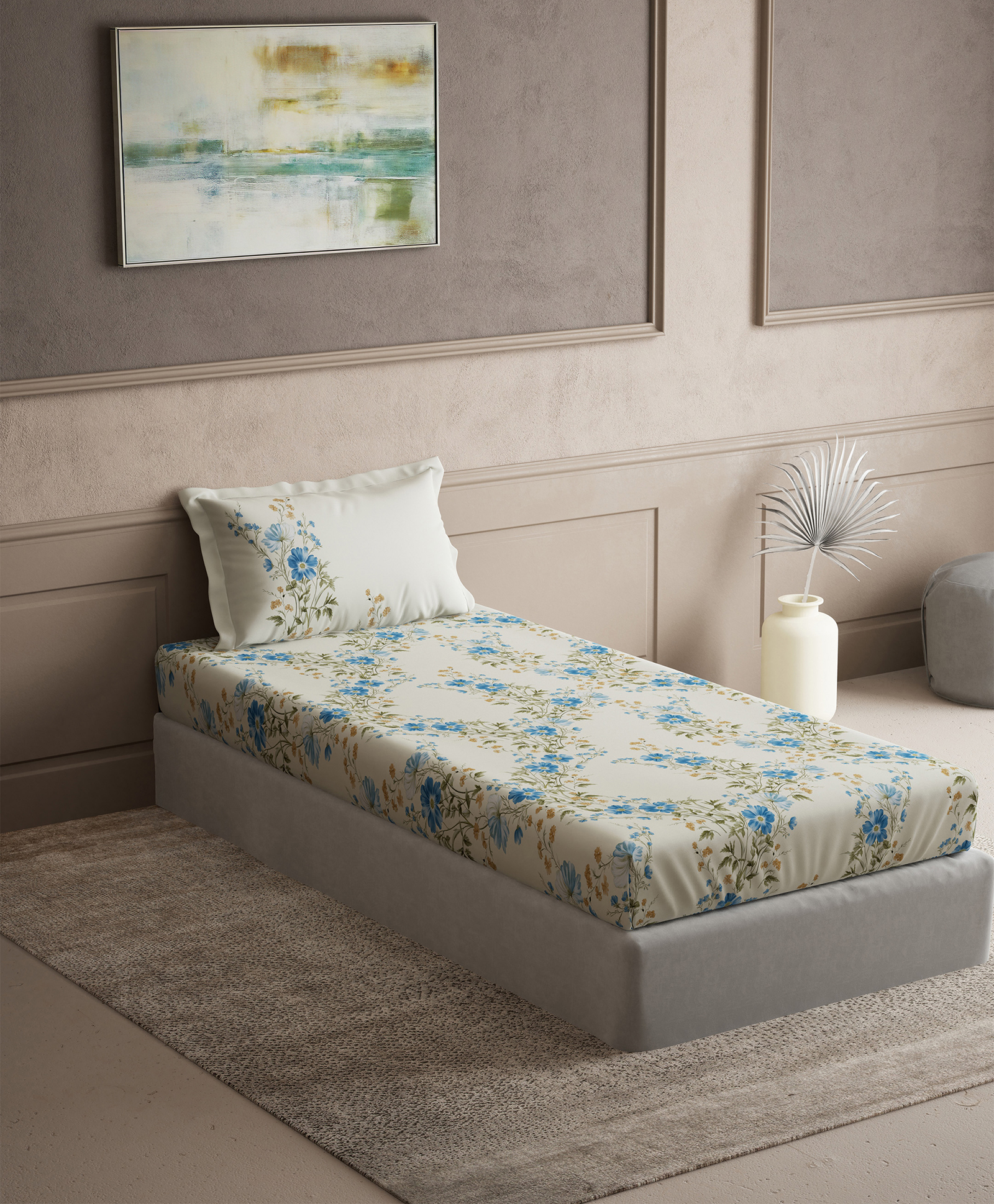 d'decor DDecor 100% Cotton Floral Radiance Collection 145TC Single Bedsheet with 1 Pillow Cover - Blue-picture-26