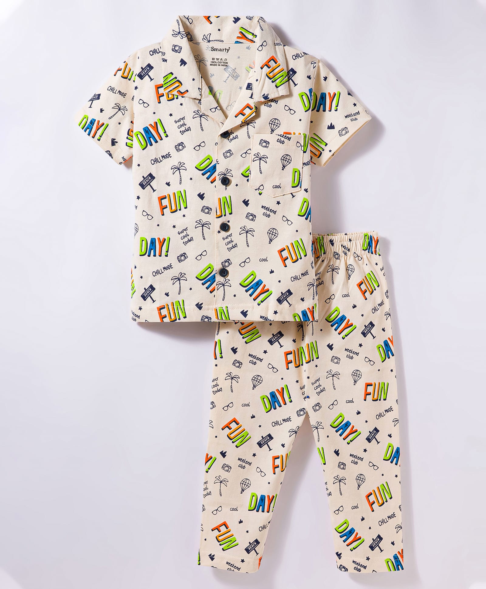 Smarty Boys Sinker Knit Half Sleeves Co-ords Night Suit With Text Print - Cream-picture-19