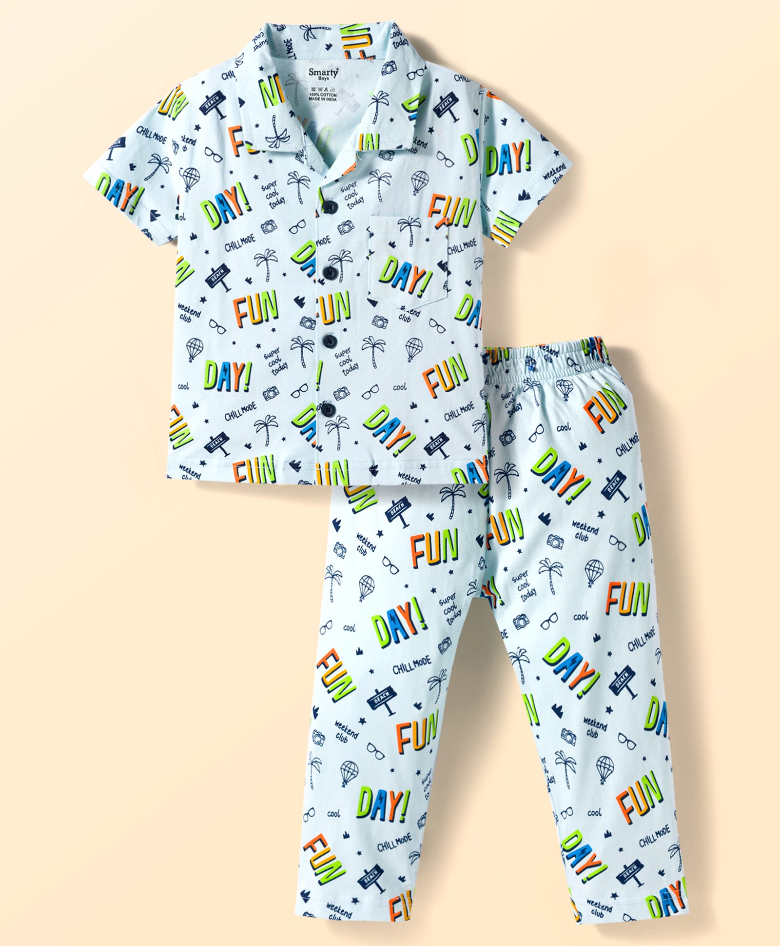 Smarty Boys Sinker Knit Half Sleeves Co-ords Night Suit With Text Print - Light Blue-picture-27
