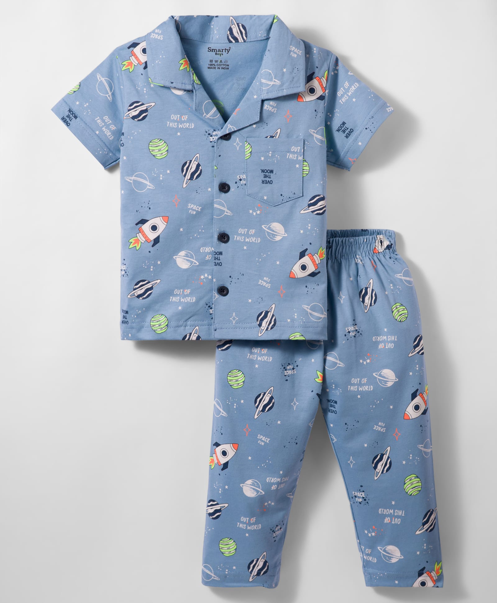 Smarty Boys Sinker Knit Half Sleeves Co-ords Night Suit With Space Theme Print - Blue-image-40