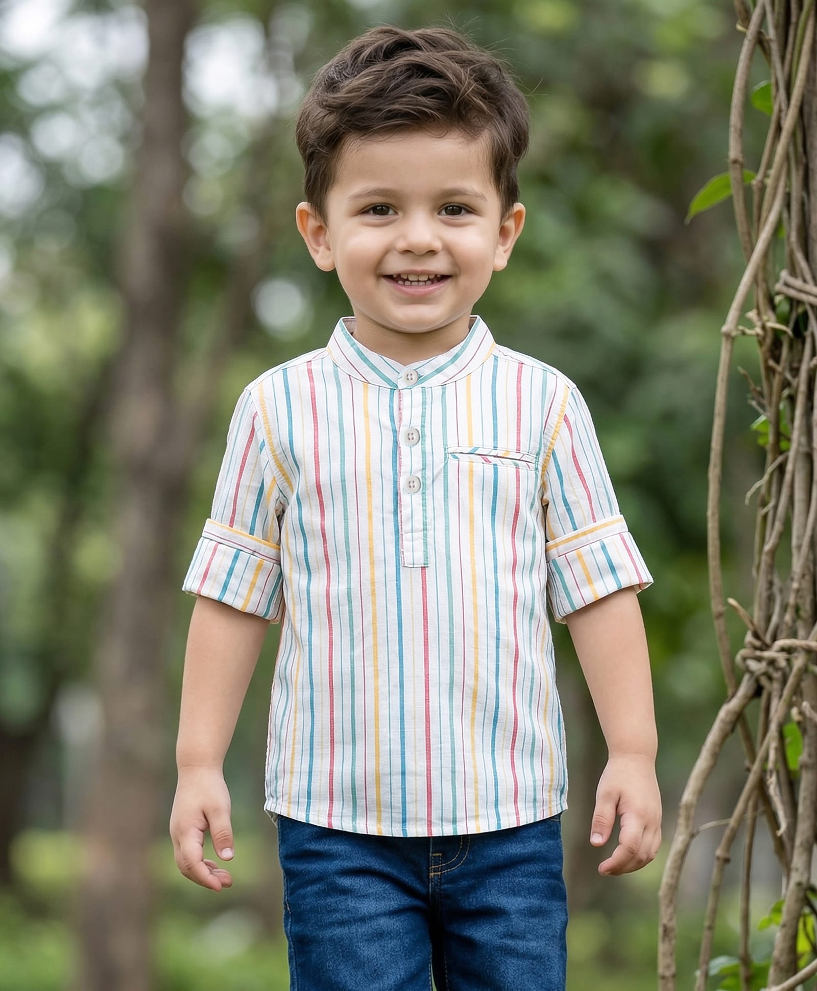 Babyhug 100% Cotton Woven Full Sleeves Striped Kurta Shirt With Mandarin Collar - Multicolour-picture-37