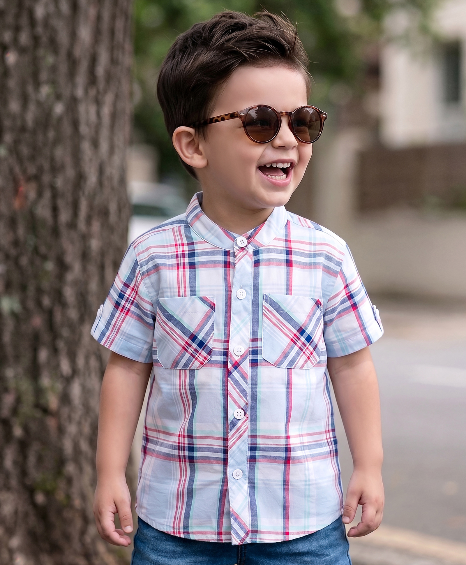 Babyhug Cotton Woven Half Sleeve Mandarin Collar Checked Shirt - Light Blue-picture-10