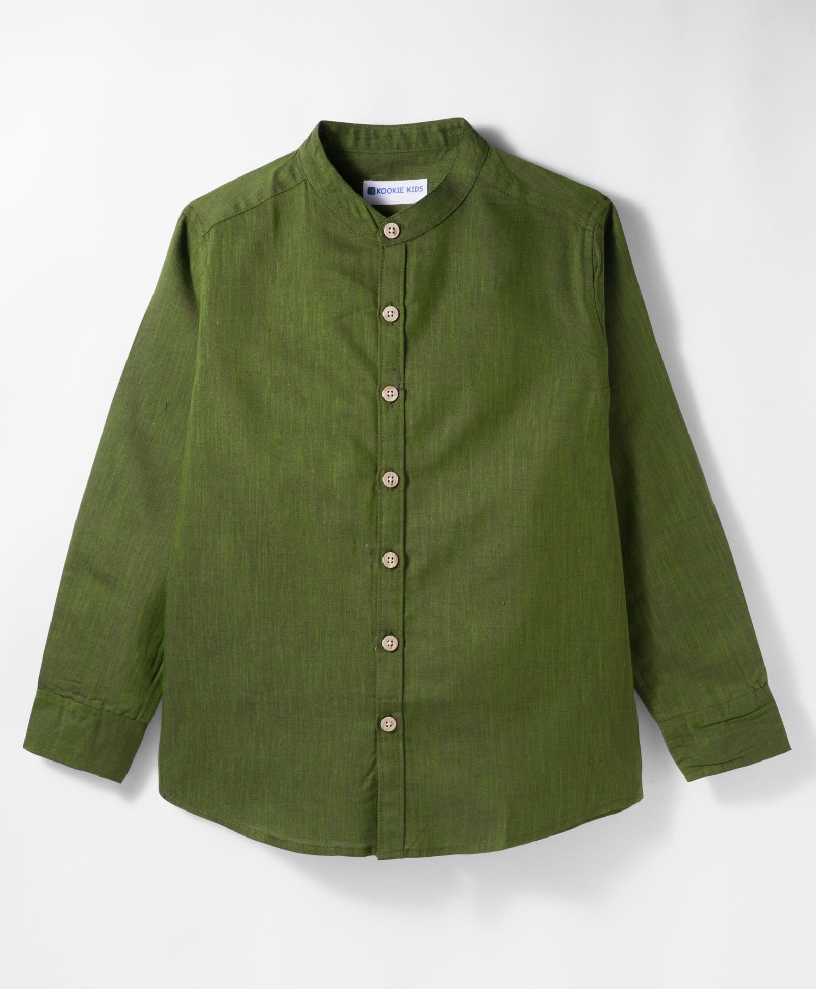 kookie kids india Kookie Kids Woven Full Sleeves Mandarin Collar Solid Shirt - Olive Green-picture-10