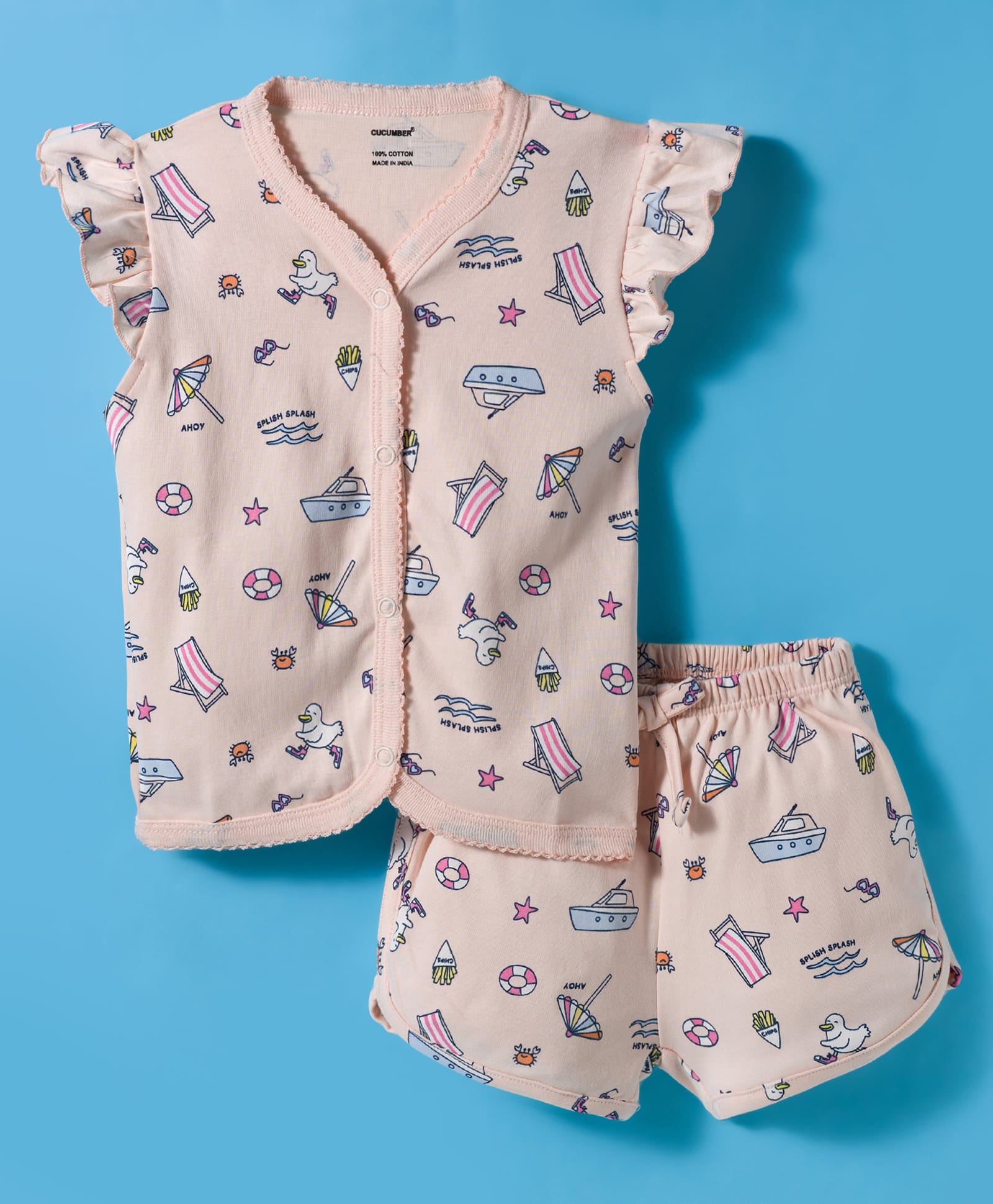 CUCUMBER Knitted Frill Sleeves Shorts Night Suit With Boat Print - Baby Pink-image-33