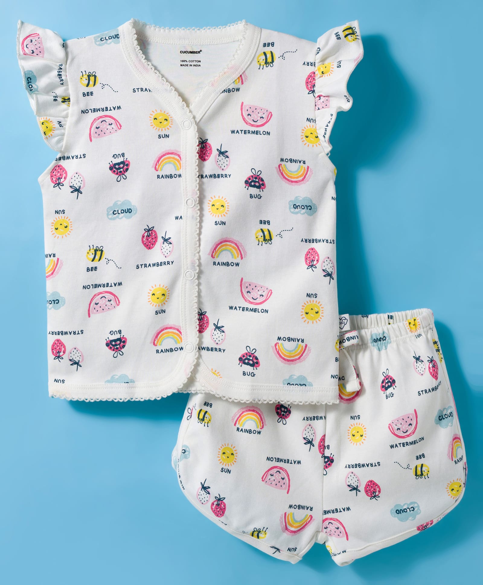 CUCUMBER Knitted Frill Sleeves Co-ords Shorts Night Suit with Tropical Theme Print - White-image-30