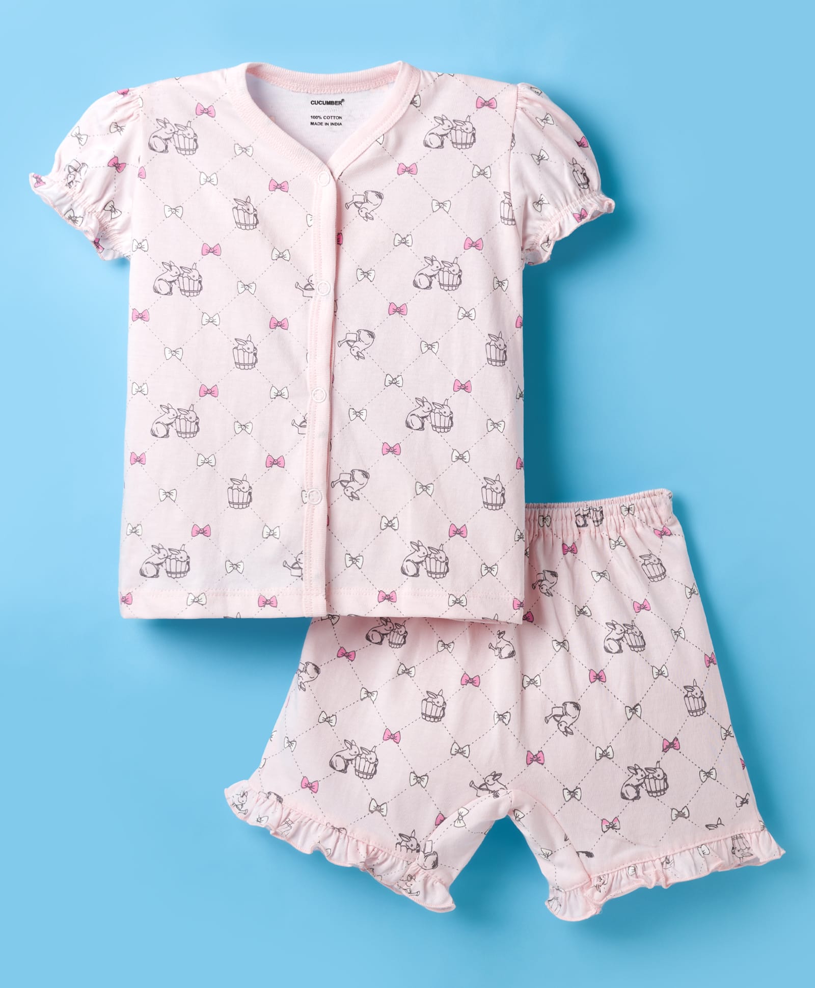 CUCUMBER Knitted Half Sleeves Co-ords Night suit With Bunny Print - Pink-image-43