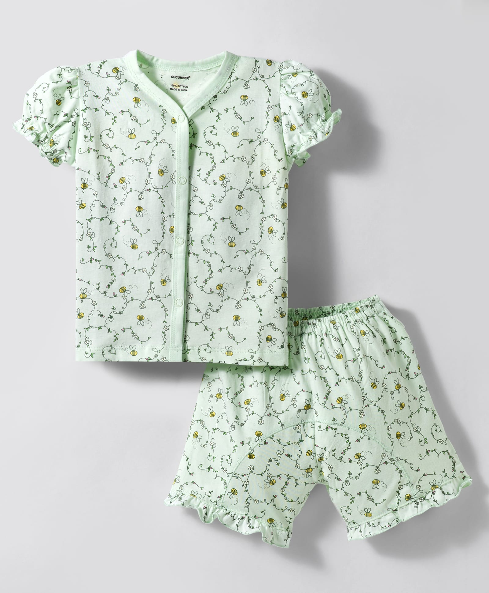 CUCUMBER Knitted Half Sleeves Co-ords Night suit With Floral Print - Mint-image-13
