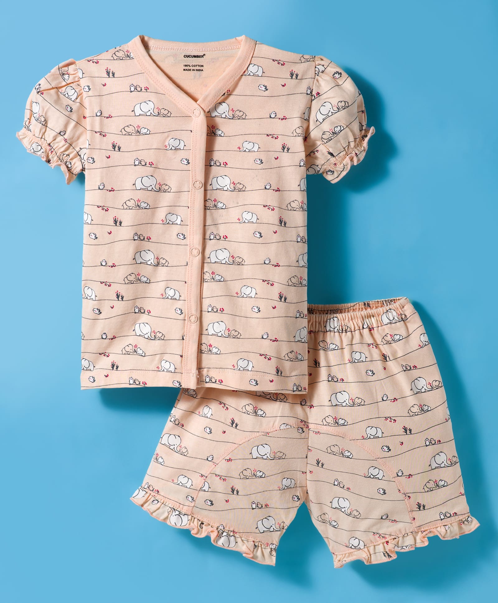 CUCUMBER Knitted Half Sleeves Co-ords Short Night suit With Elephant Print - Peach-image-48