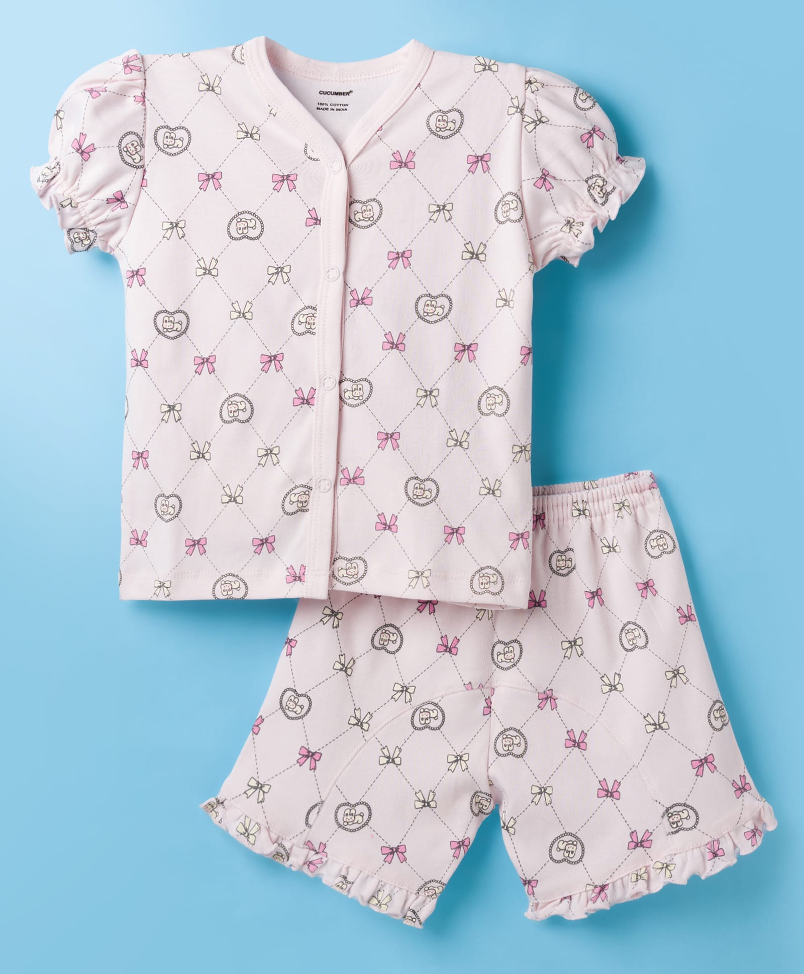 CUCUMBER Knit Half Sleeves Shorts Co-ord Night Suit With Bunny & Bow Print - Pink-picture-36