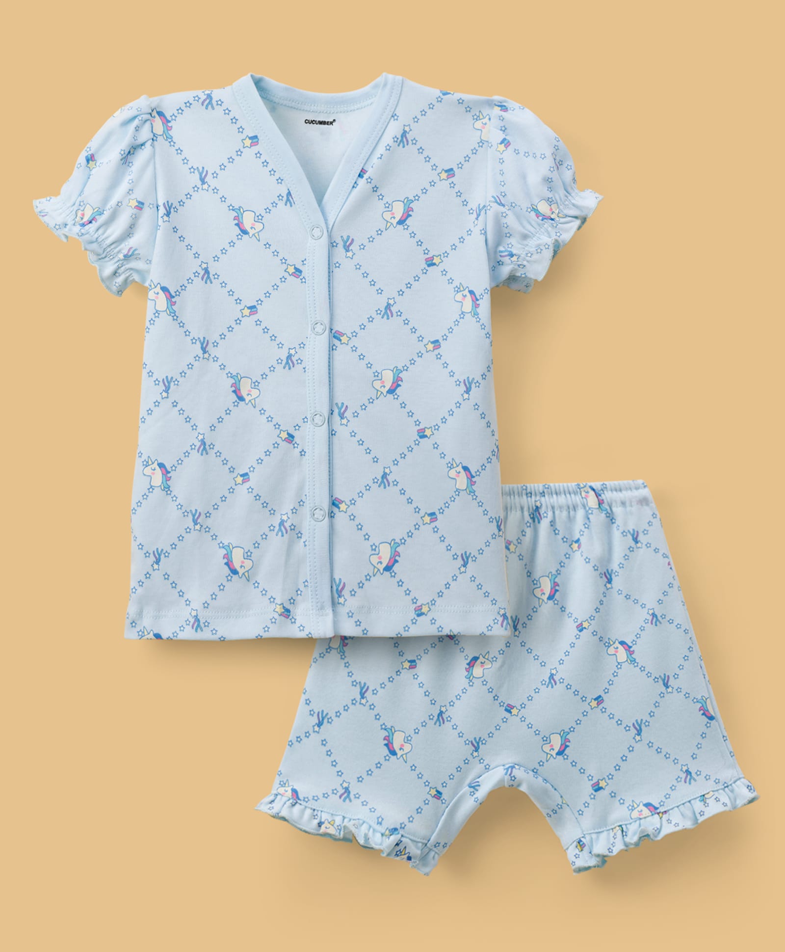 CUCUMBER Knit Half Sleeves Shorts Co-ord Night Suit With Unicorn Print - Light Blue-image-42
