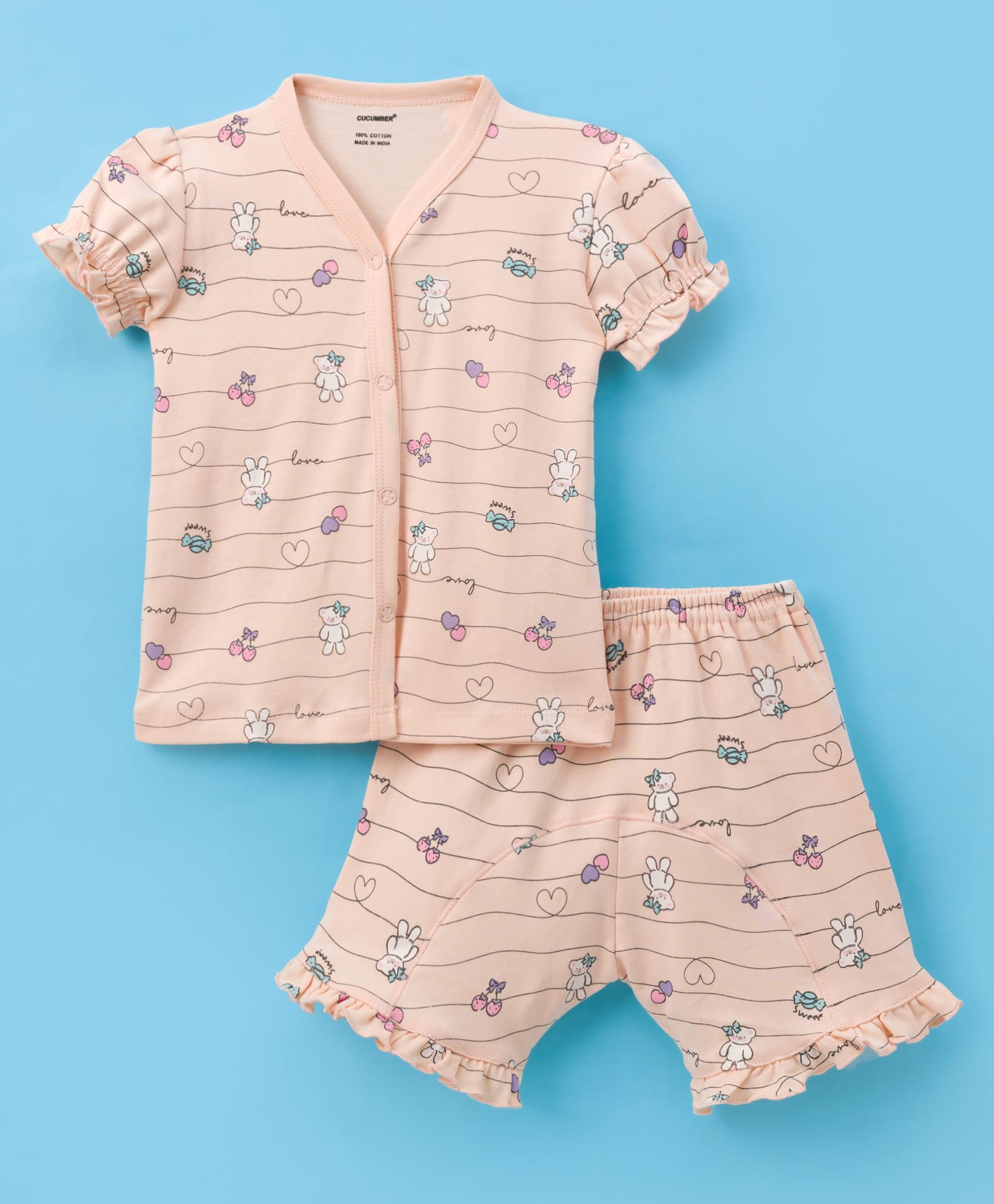 CUCUMBER Knit Half Sleeves Shorts Co-ord Night Suit With Bunny Print - Peach-image-35