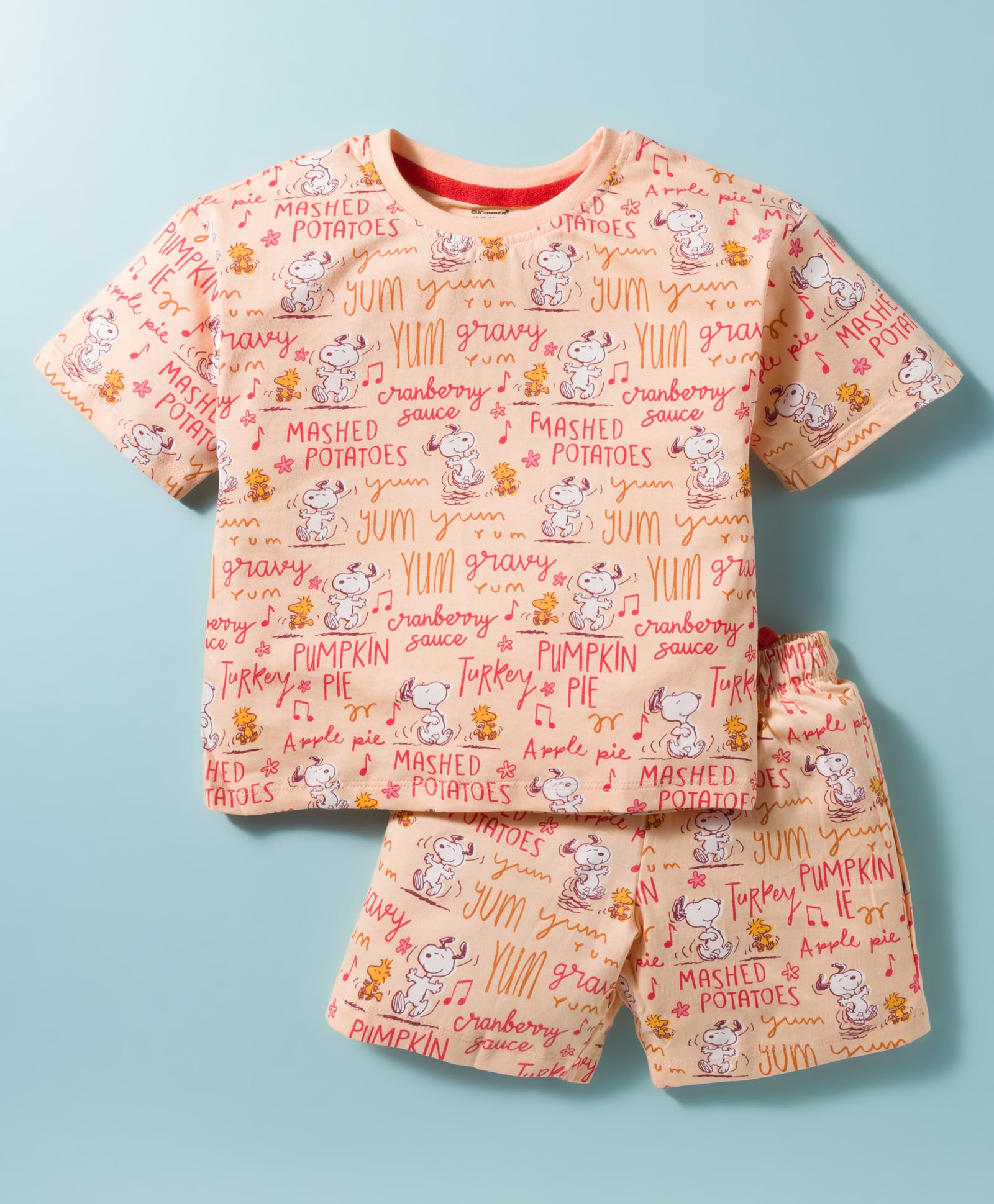 CUCUMBER Knit Half Sleeves Shorts Co-ord Night Suit With Snoopy Print - Light Peach-image-32