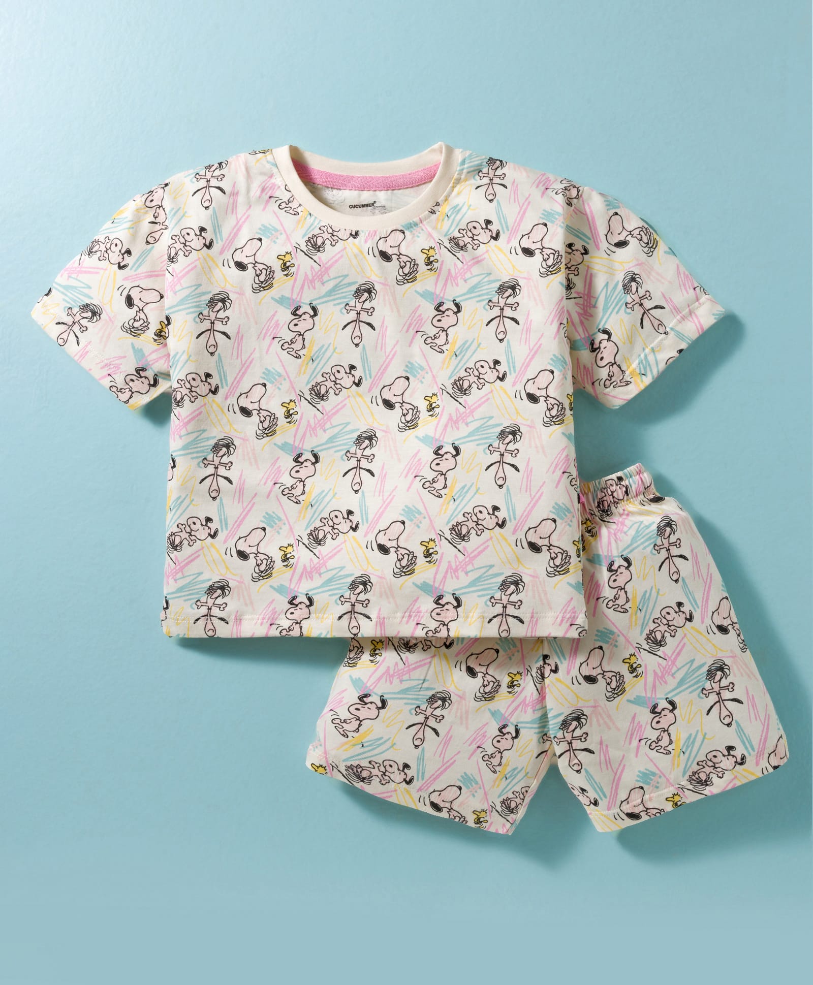 CUCUMBER Knit Half Sleeves Shorts Co-ord Night Suit With Snoopy Print - Cream-picture-33