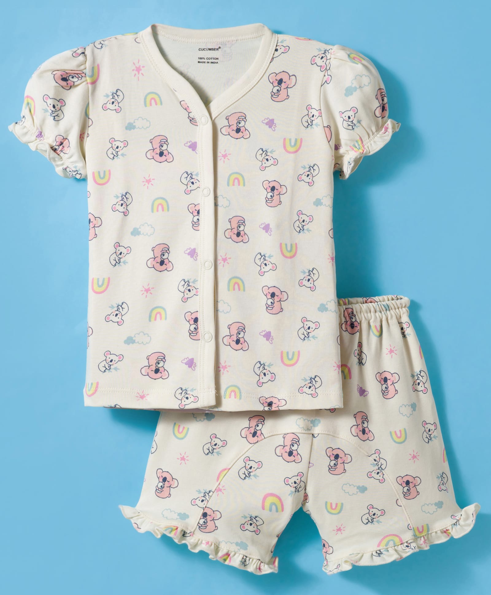 CUCUMBER Knit Half Sleeves Shorts Co-ord Night Suit With Koala Print - Off White-image-26