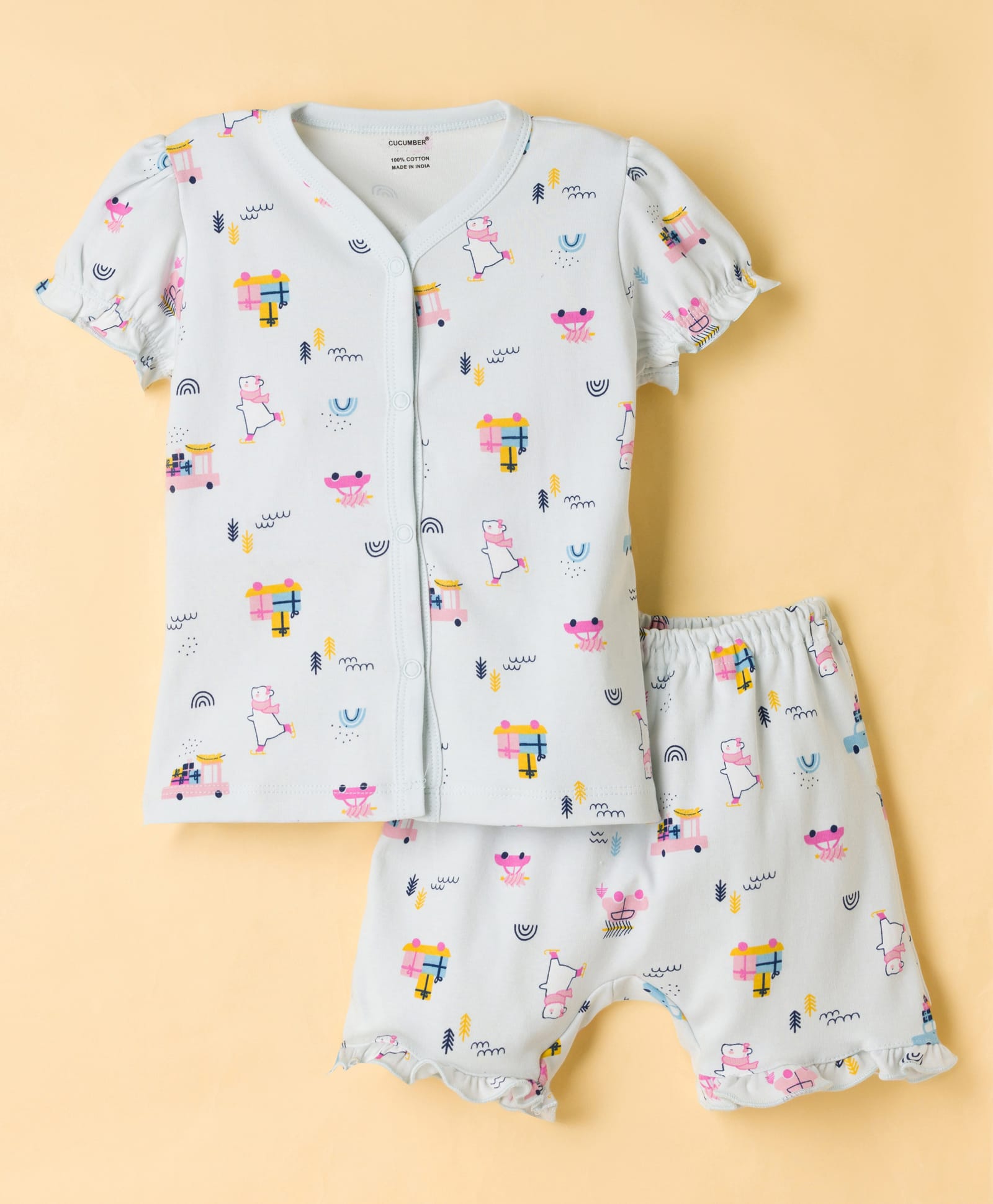 CUCUMBER Knit Half Sleeves Shorts Co-ord Night Suit With Polar Bear Print - Light Blue-picture-43