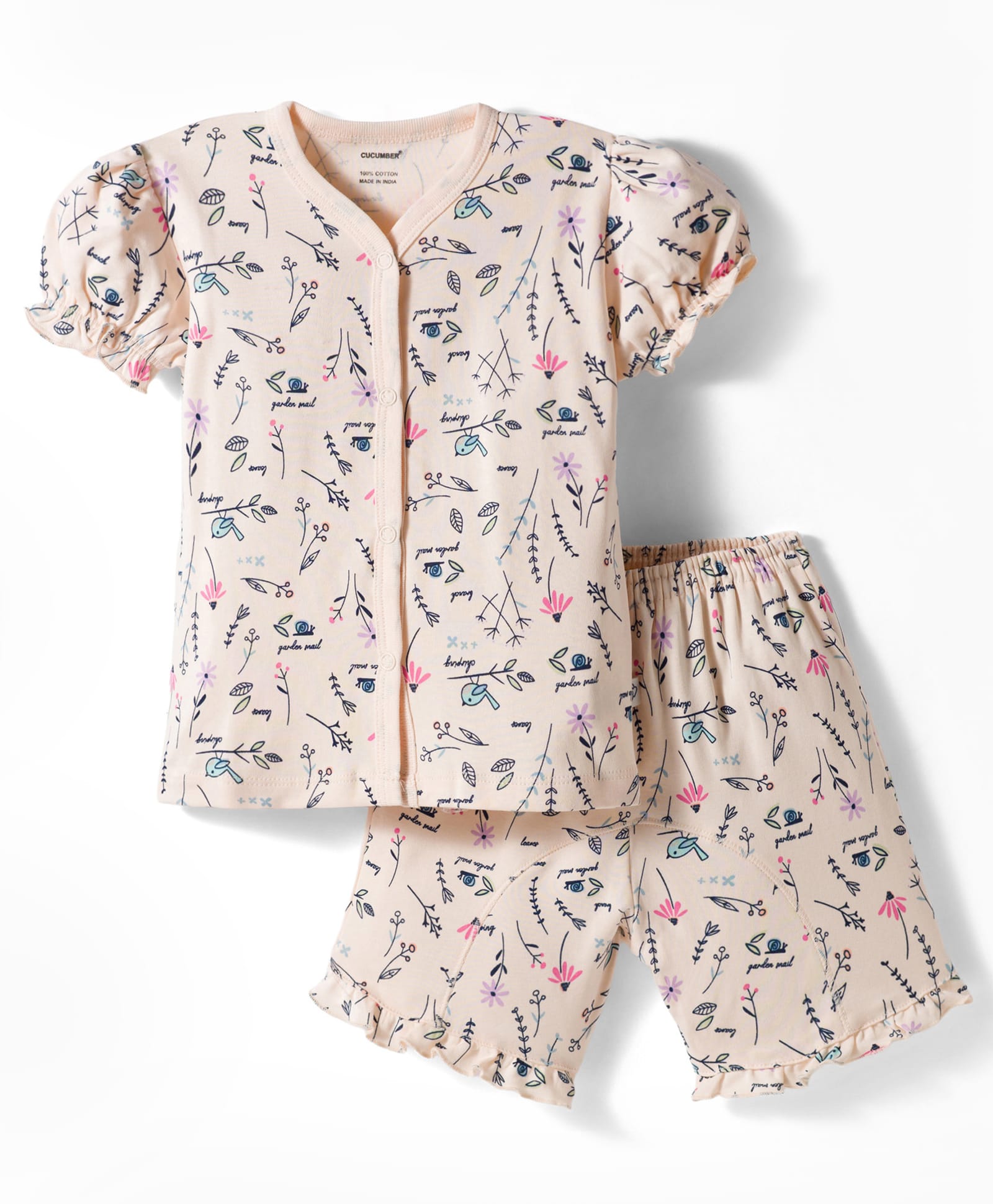 CUCUMBER Knit Half Sleeves Shorts Co-ord Night Suit With Floral Print - Light Pink-picture-12