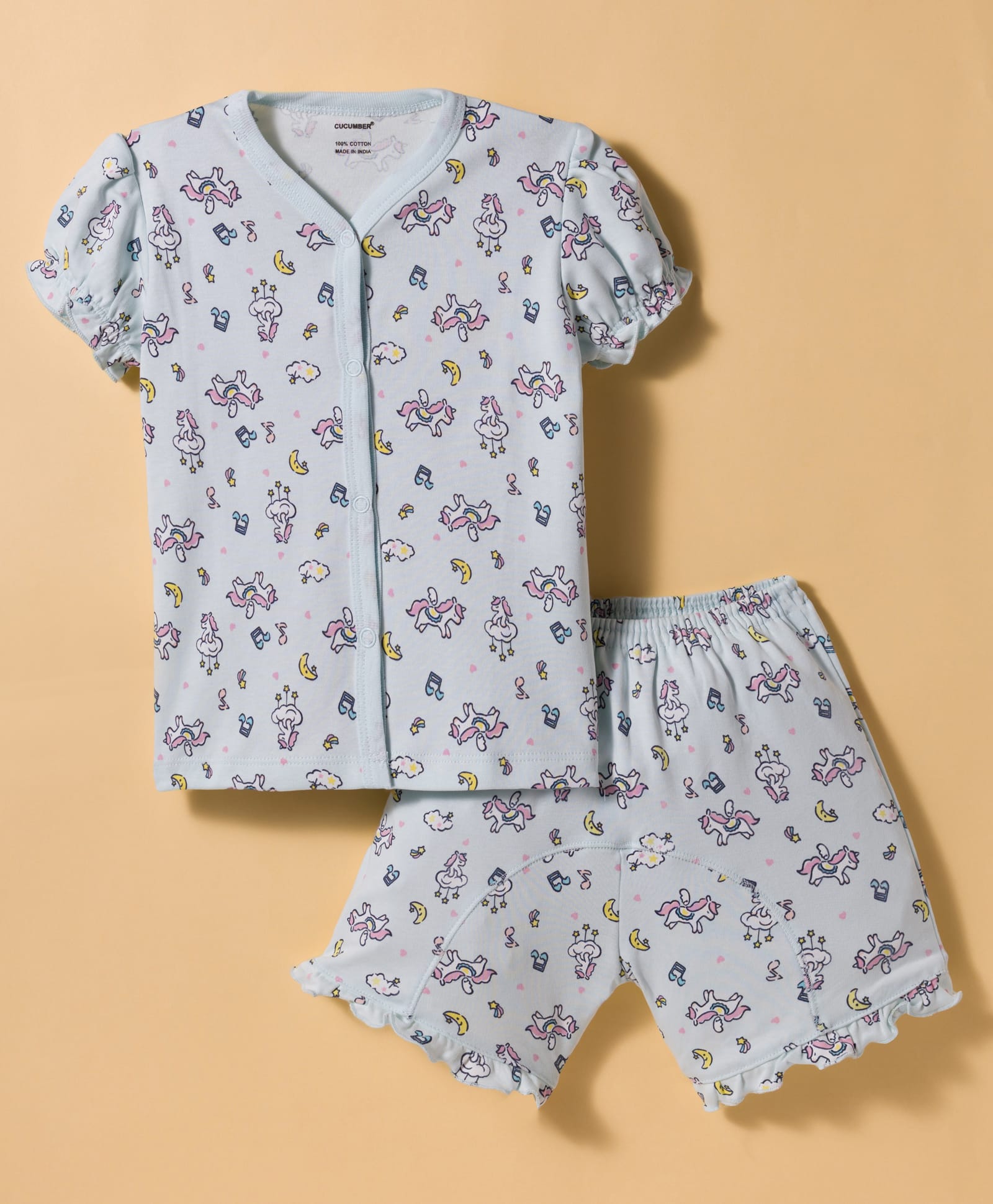 CUCUMBER Knit Half Sleeves Shorts Co-ord Night Suit With Unicorn Print - Light Blue-picture-14