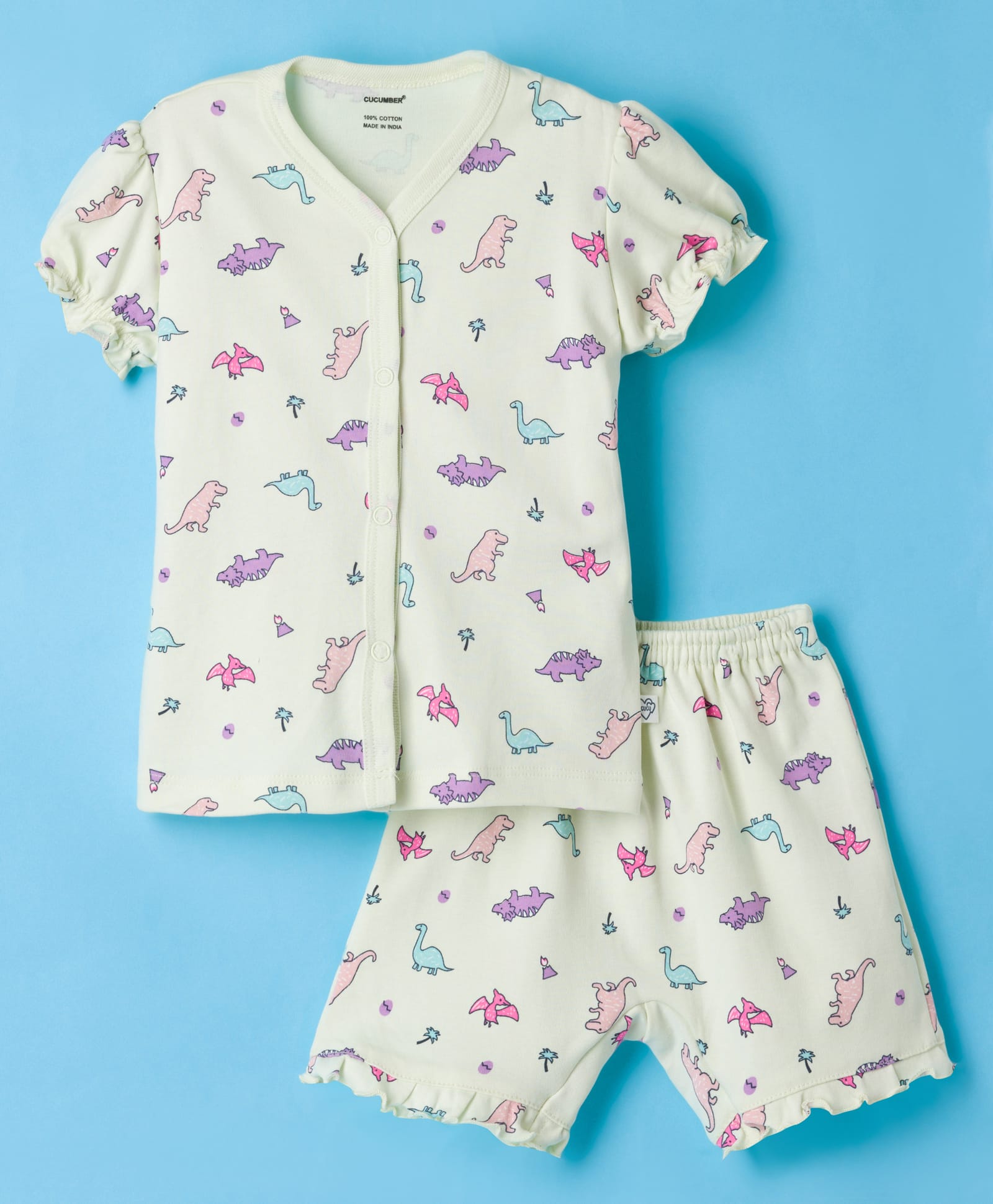 CUCUMBER Knit Half Sleeves Shorts Co-ord Night Suit With Dino Print - Light Green-image-21