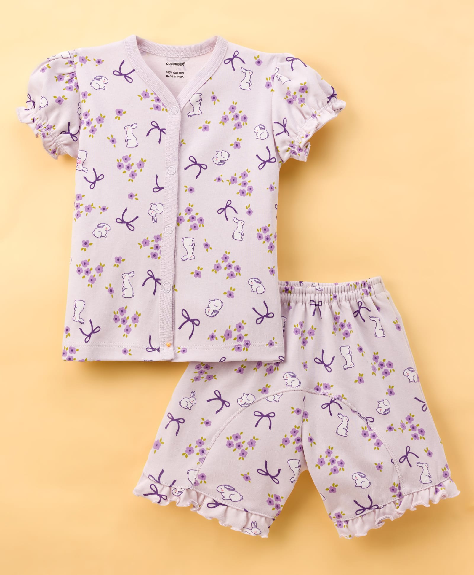 CUCUMBER Knit Half Sleeves Shorts Co-ord Night Suit With Bunny & Floral Print - Lilac-image-48