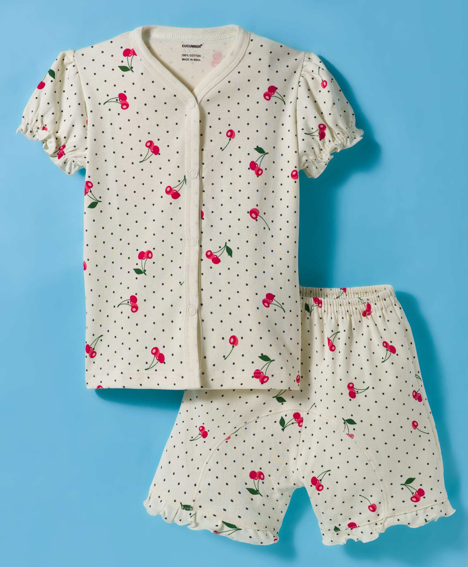 CUCUMBER Knit Half Sleeves Shorts Co-ord Night Suit With Polka Dot & Cherry Print - Cream-image-10