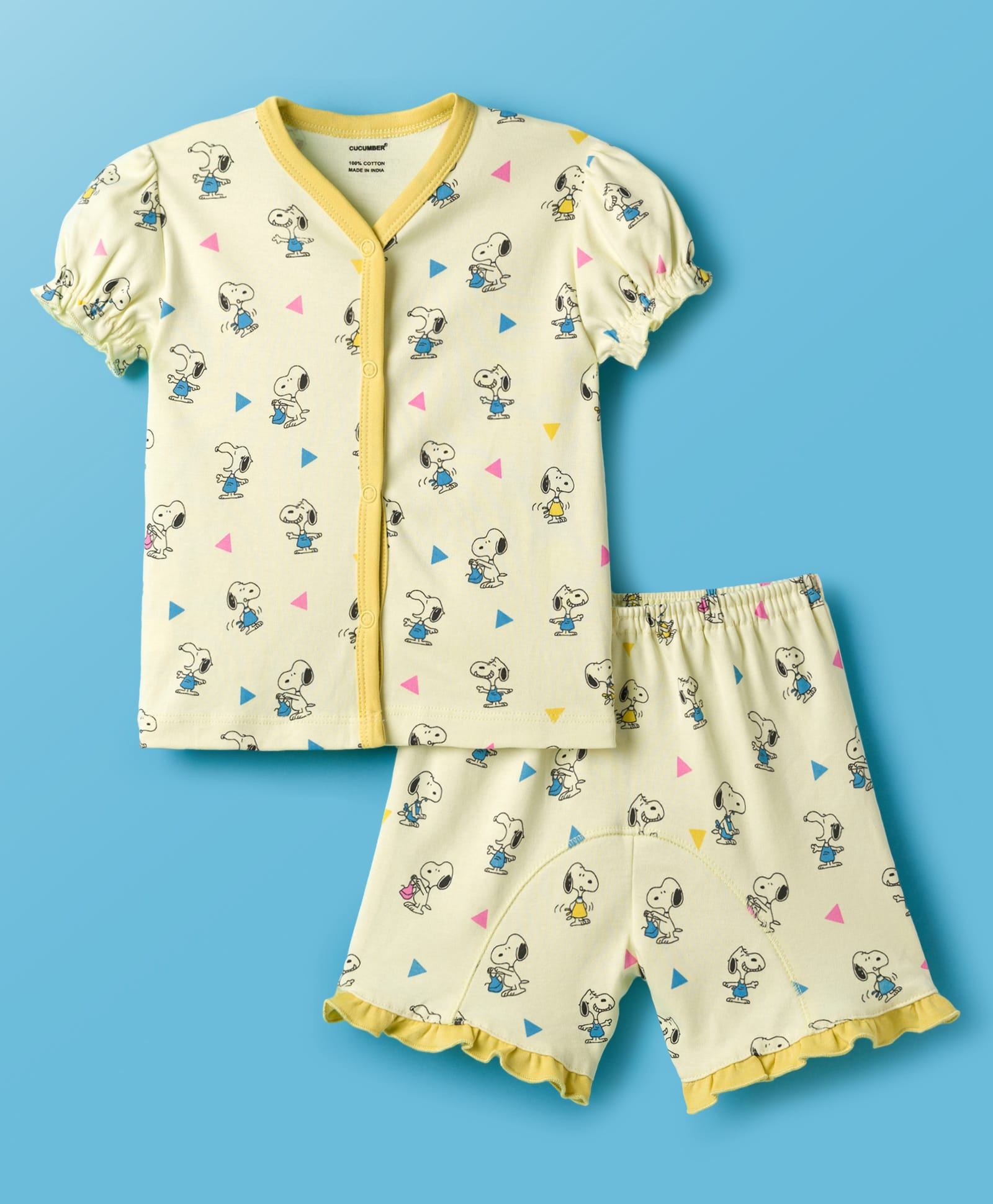 CUCUMBER Knit Half Sleeves Shorts Co-ord Night Suit With Snoopy Print - Yellow-picture-35
