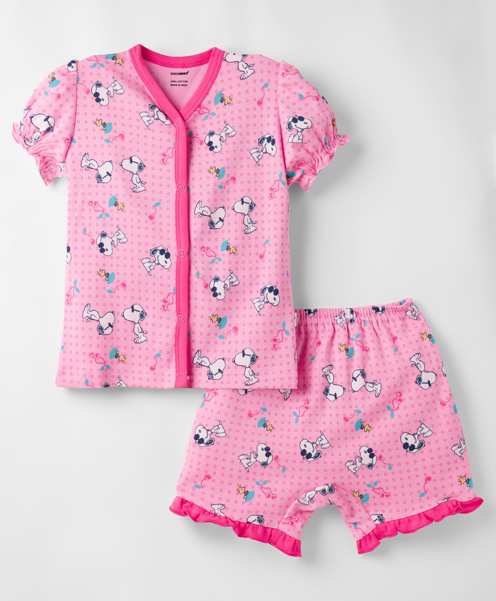 CUCUMBER Knit Half Sleeves Shorts Co-ord Night Suit With Snoopy Print - Pink-picture-17