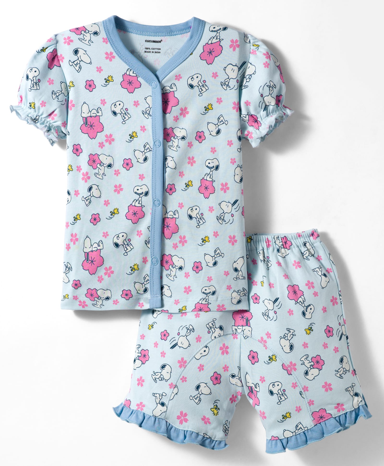 CUCUMBER Knit Half Sleeves Shorts Co-ord Night Suit With Snoopy Print - Light Blue-image-43