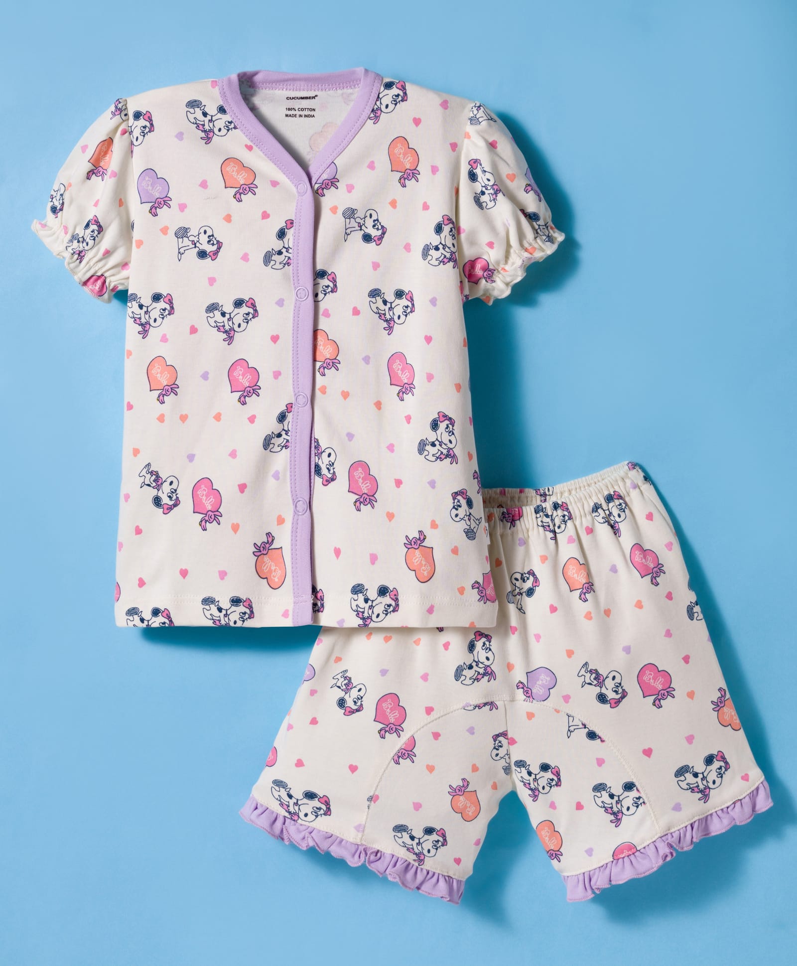 CUCUMBER Knit Half Sleeves Shorts Co-ord Night Suit With Snoopy Print - Cream-picture-16