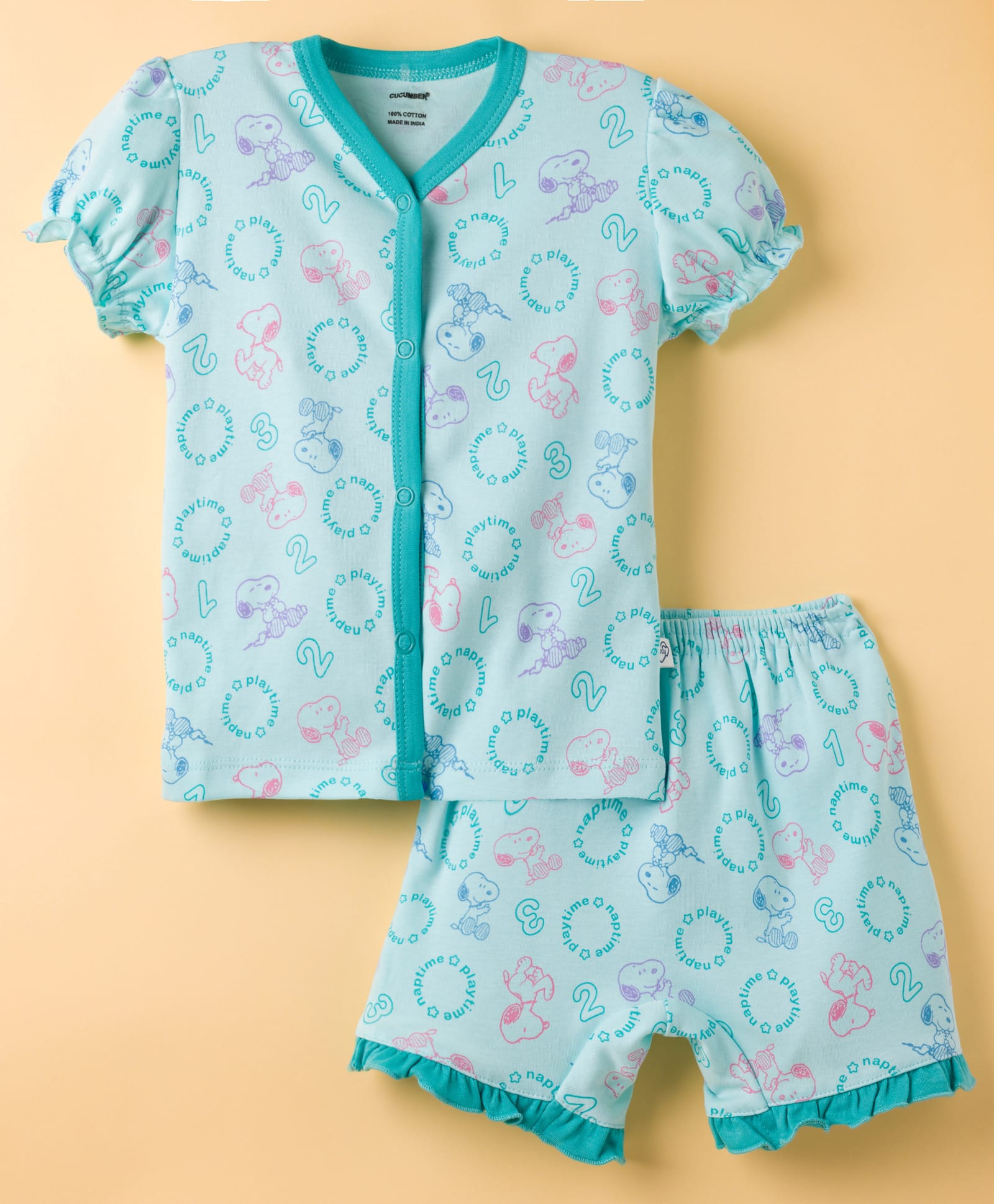 CUCUMBER Knit Half Sleeves Shorts Co-ord Night Suit With Snoopy Print - Mint Green-image-36