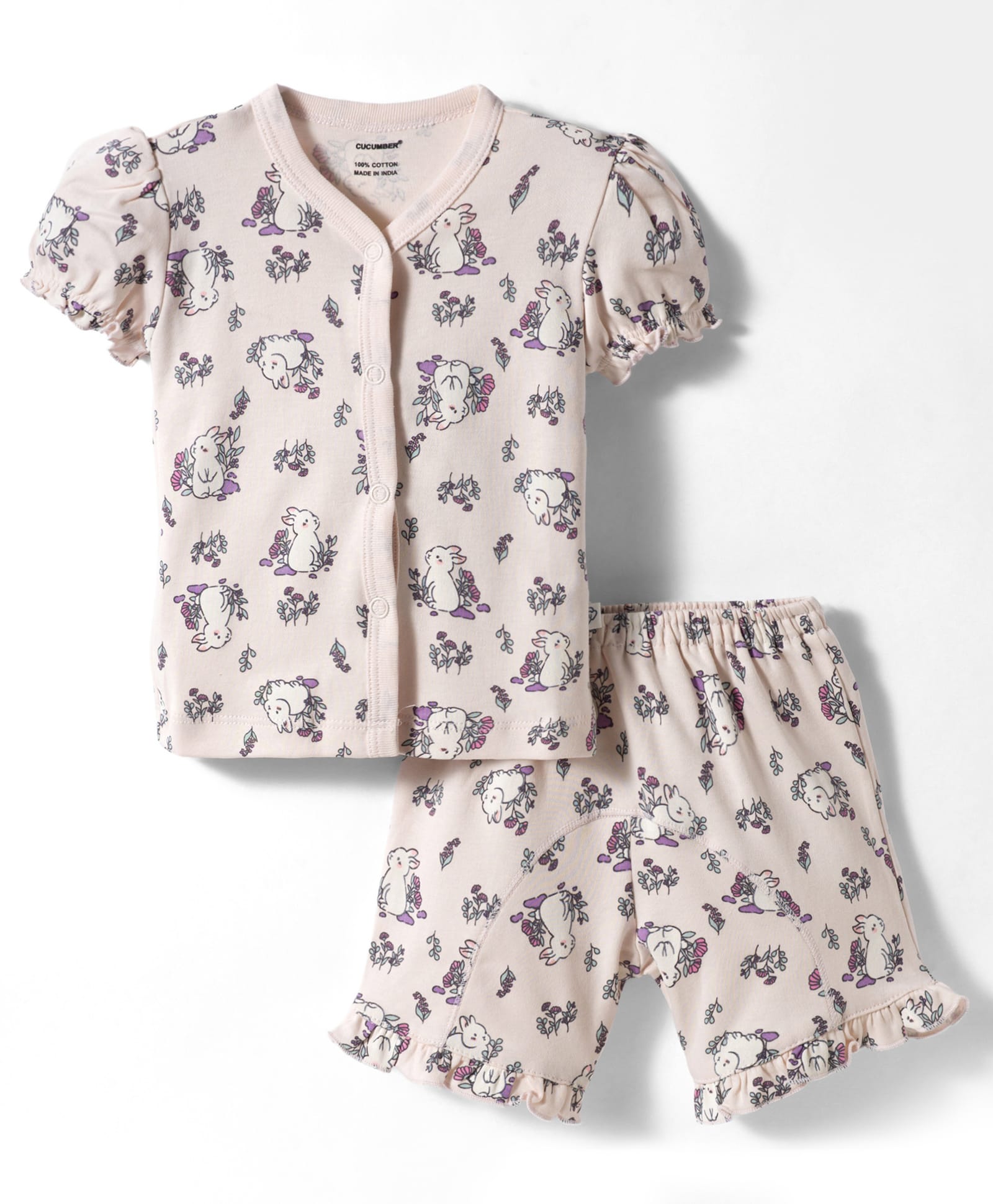 CUCUMBER Knit Half Sleeves Shorts Co-ord Night Suit With Bunny & Floral Print - Baby Pink-picture-22