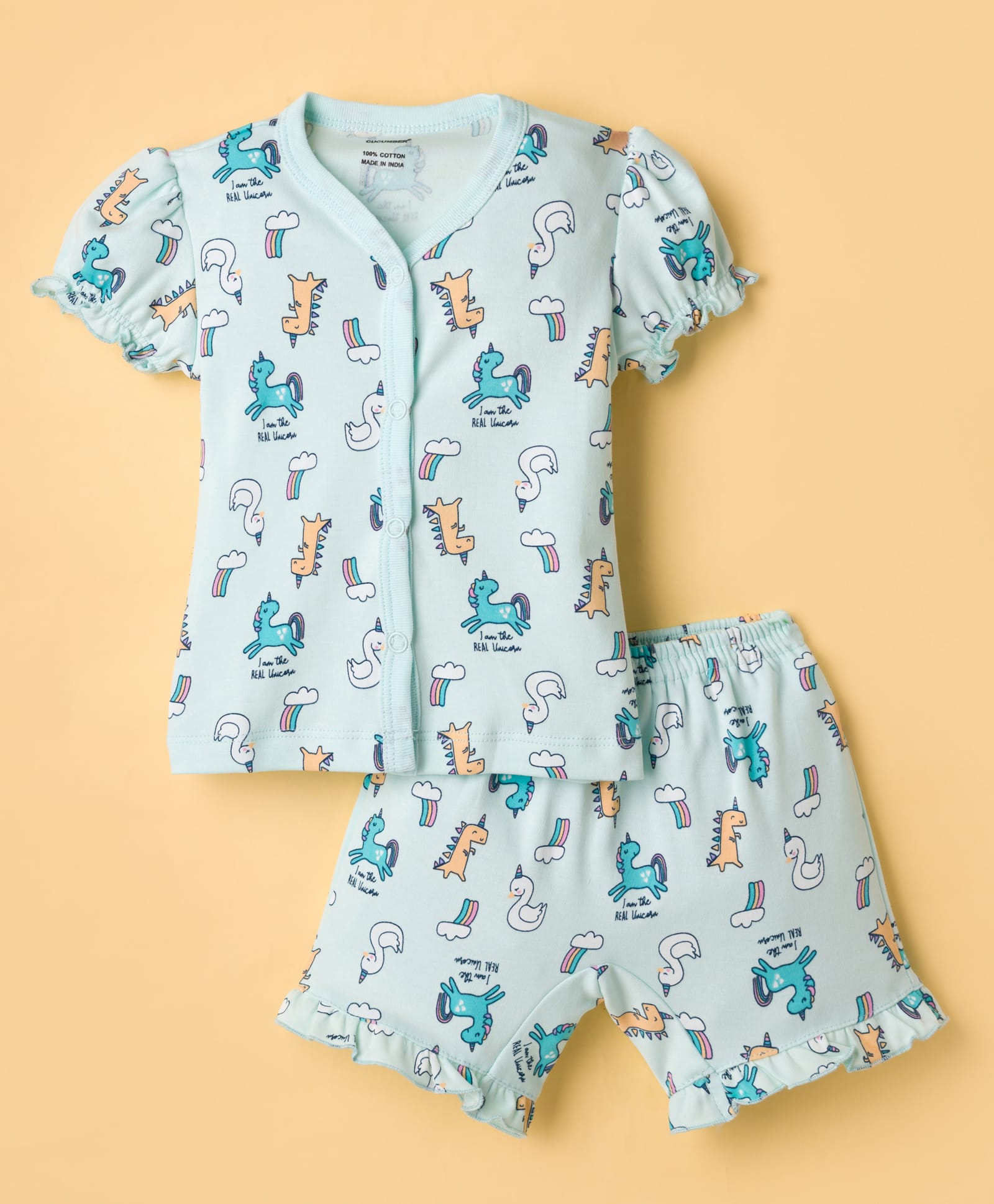 CUCUMBER Knit Half Sleeves Shorts Co-ord Night Suit With Unicorn Print - Light Blue-image-41