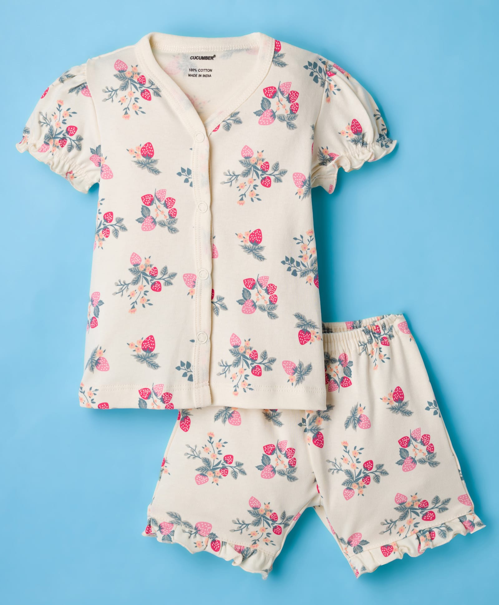 CUCUMBER Knit Half Sleeves Shorts Co-ord Night Suit With Floral Print - Cream-picture-8