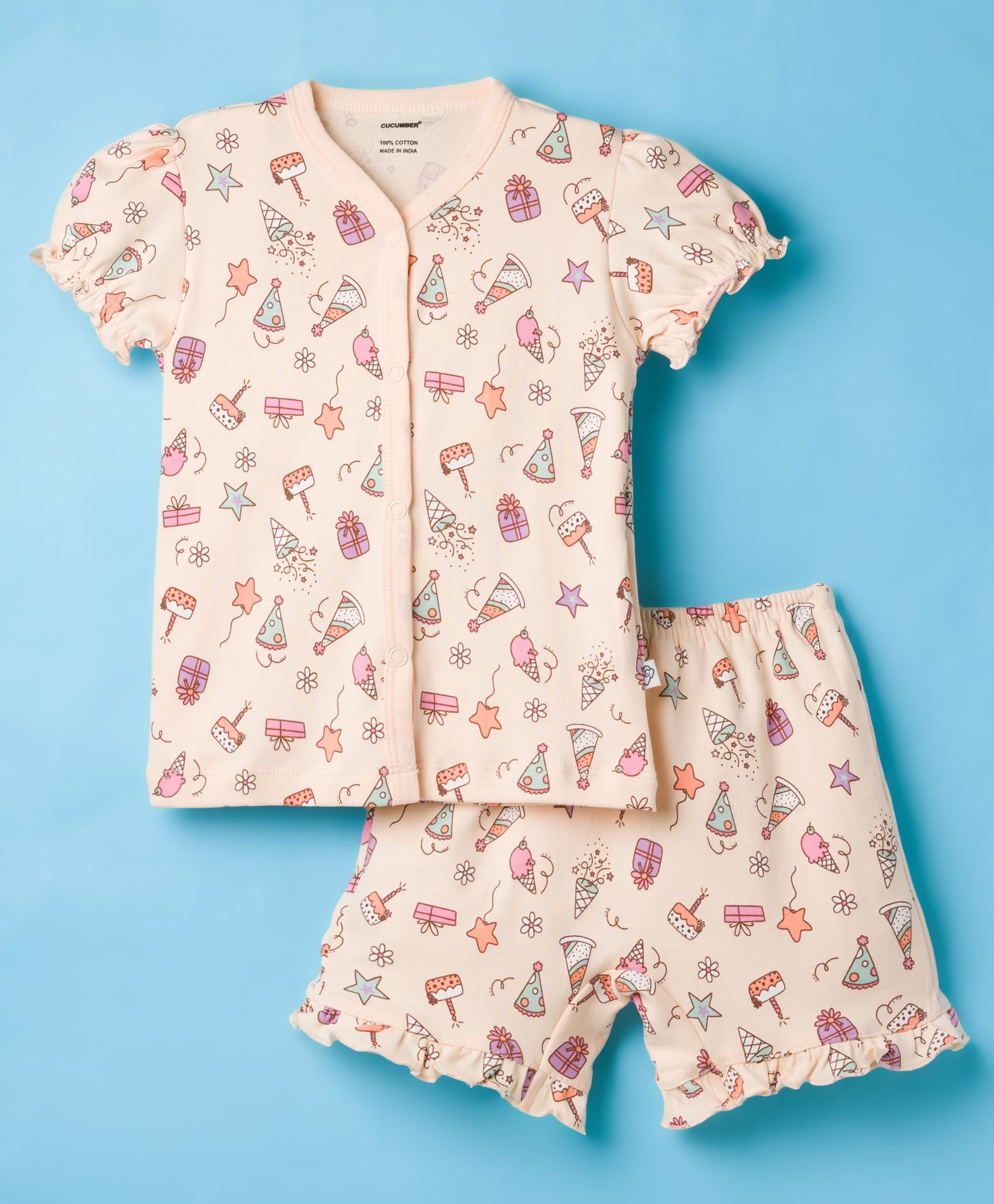 CUCUMBER Knit Half Sleeves Shorts Co-ord Night Suit With Birthday Print - Peach-image-40