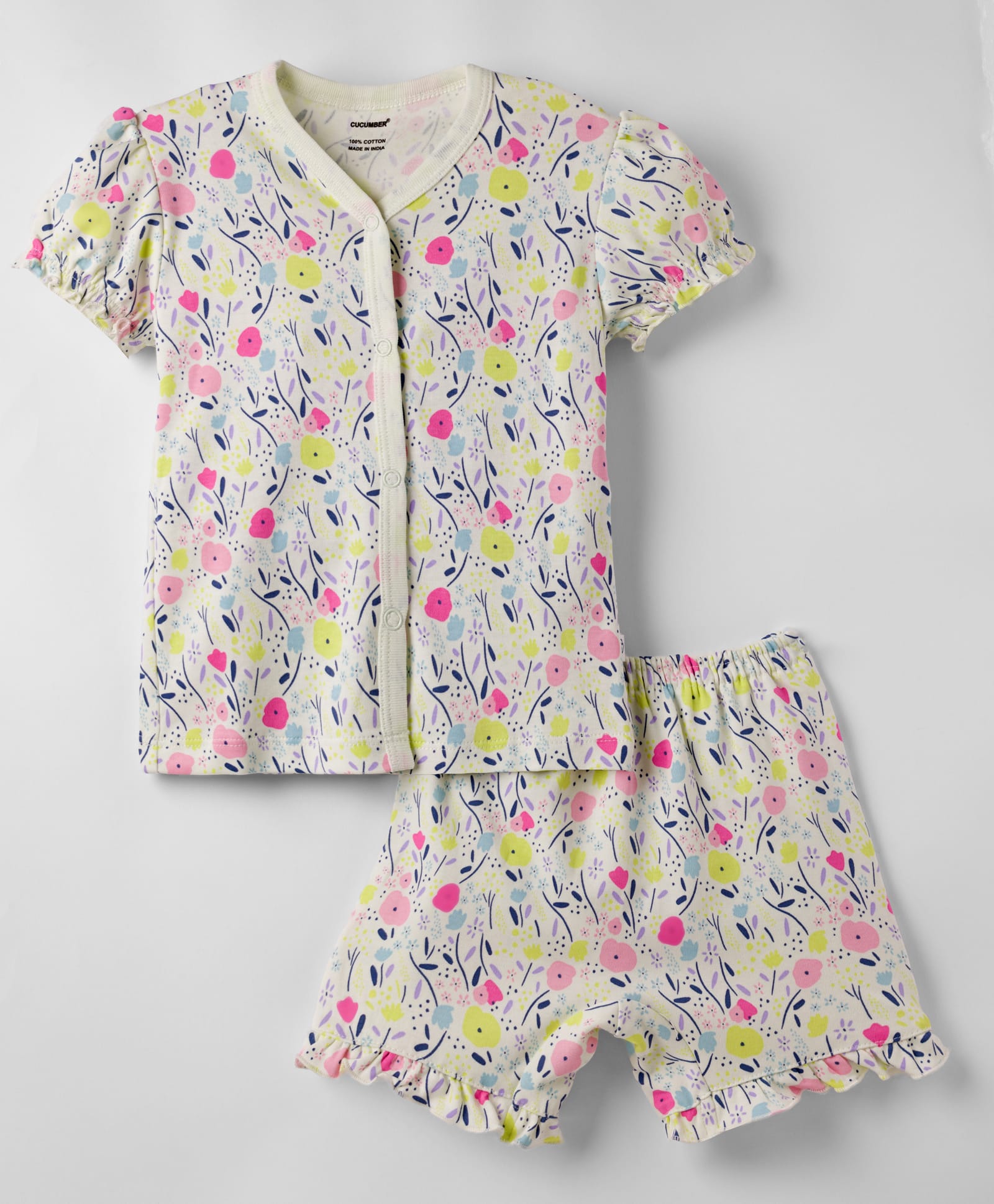 CUCUMBER Knit Half Sleeves Shorts Co-ord Night Suit With Floral Print - Light Green-image-20