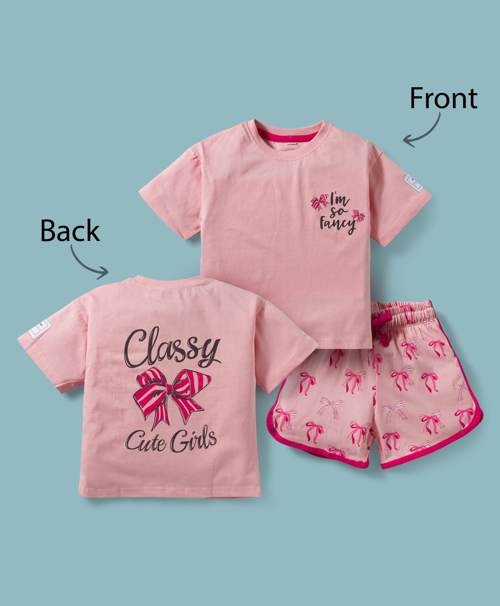CUCUMBER Knit Half Sleeves Shorts Night Suit With Front & Back Bow Print - Baby Pink-image-45
