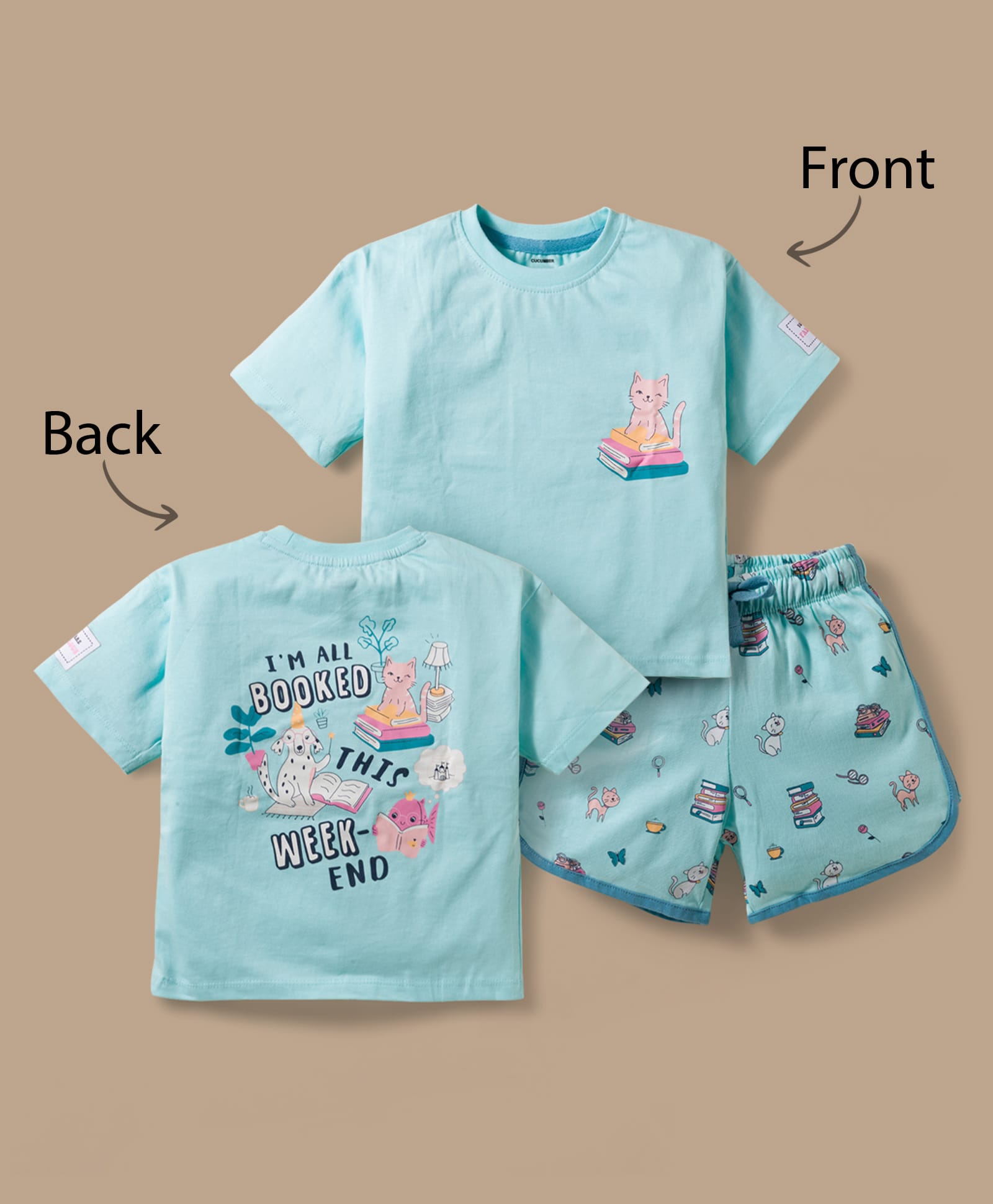 CUCUMBER Knit Half Sleeves Shorts Night Suit With Front & Back Animal Print - Aqua-image-30