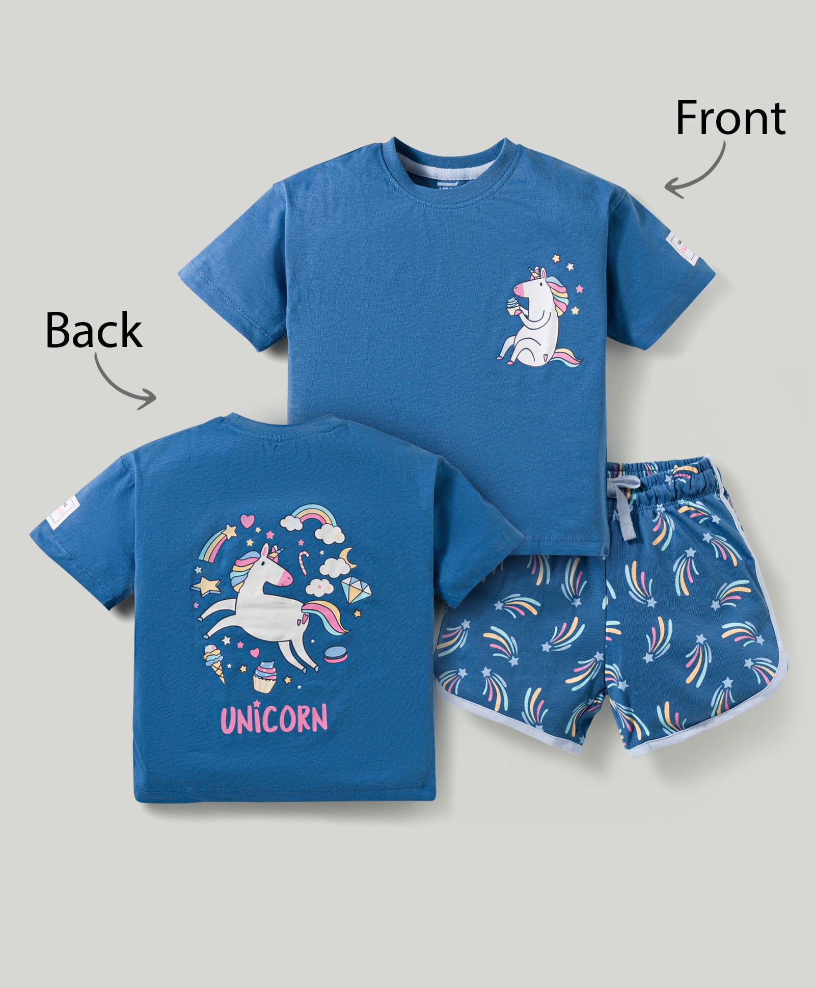 CUCUMBER Knit Half Sleeves Shorts Night Suit With Unicorn Print - Blue-image-12