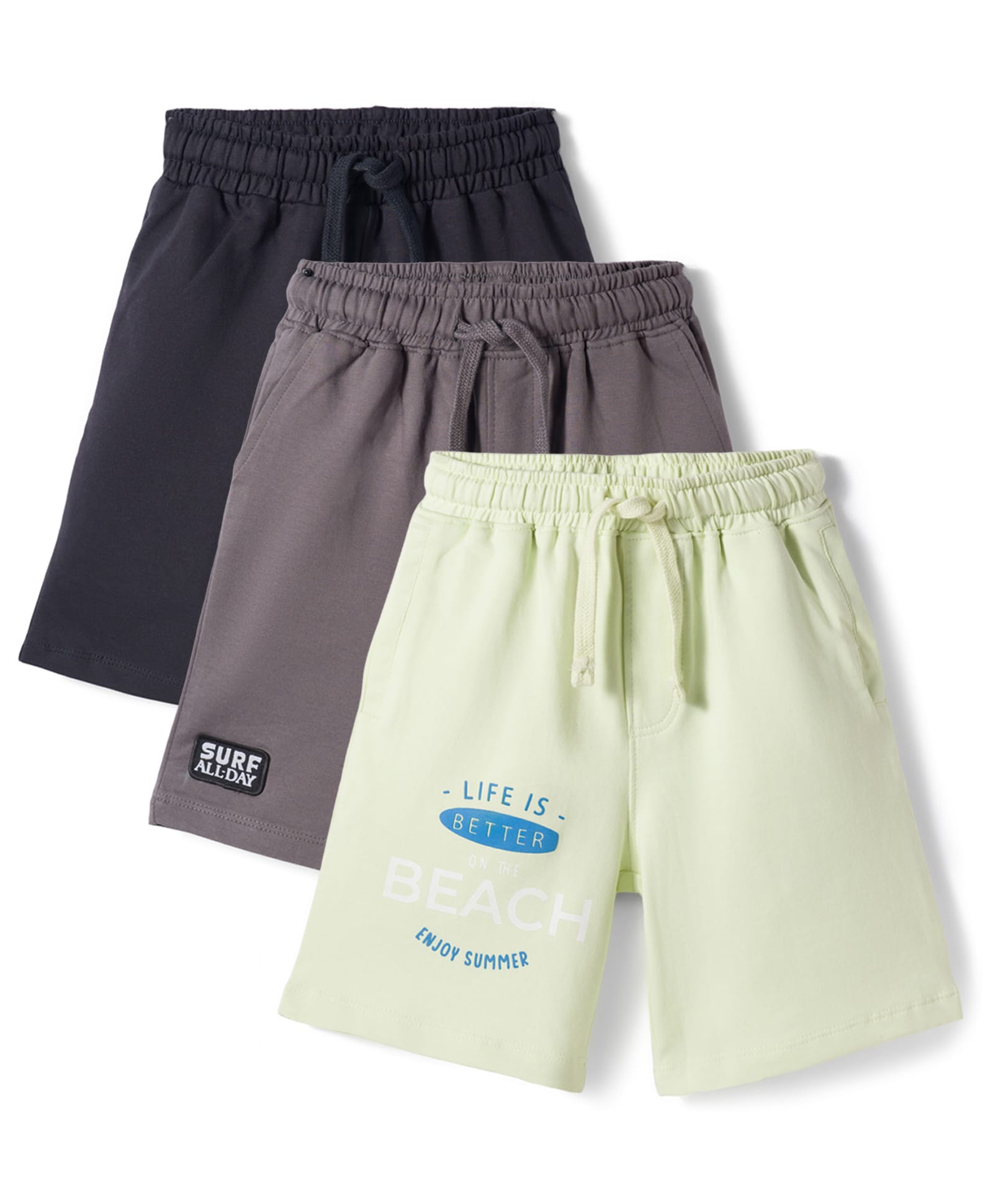 Primo Gino 100% Cotton Knit Knee Length French Terry Shorts With Badge & Beach Theme Print Pack Of 3 - Black Dark Grey & Lime Green-picture-13