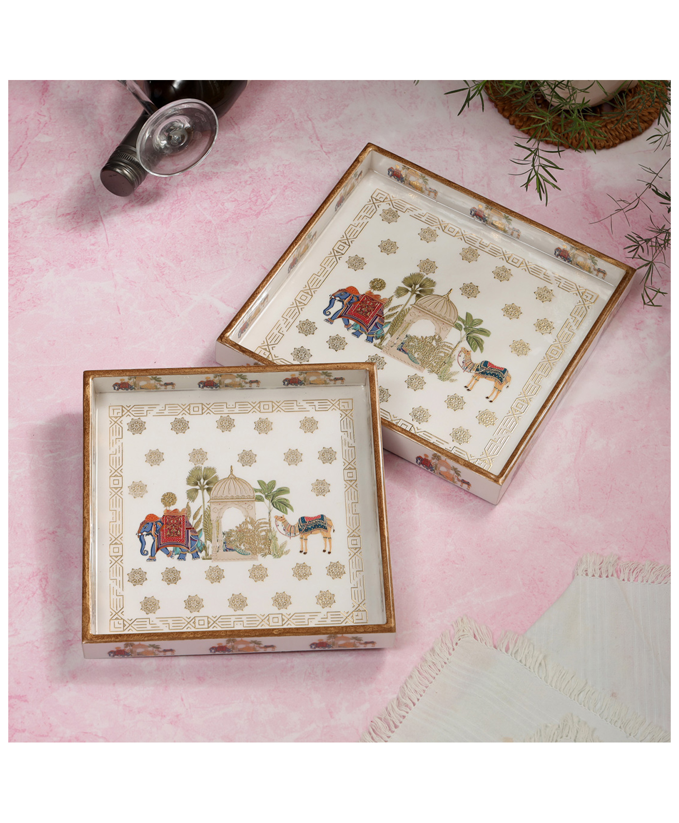 DULI Set of 2 Multipurpose Square Trays in MDF Wood with Enamel Coating for Home and Dining Table (8x8 and 9x9 inch)-image-40