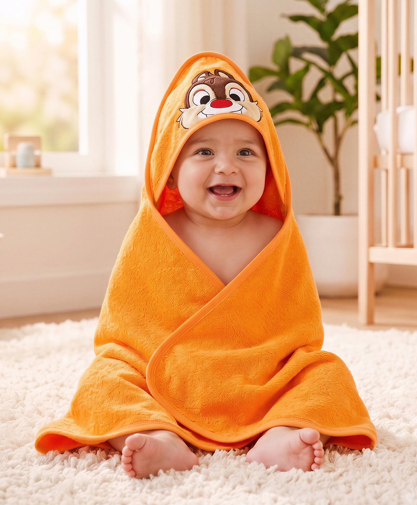 Babyhug Disney 100% Cotton Woven Hooded Towel With Chip N Dale Design L 71 x B 71 cm - Yellow-image-27