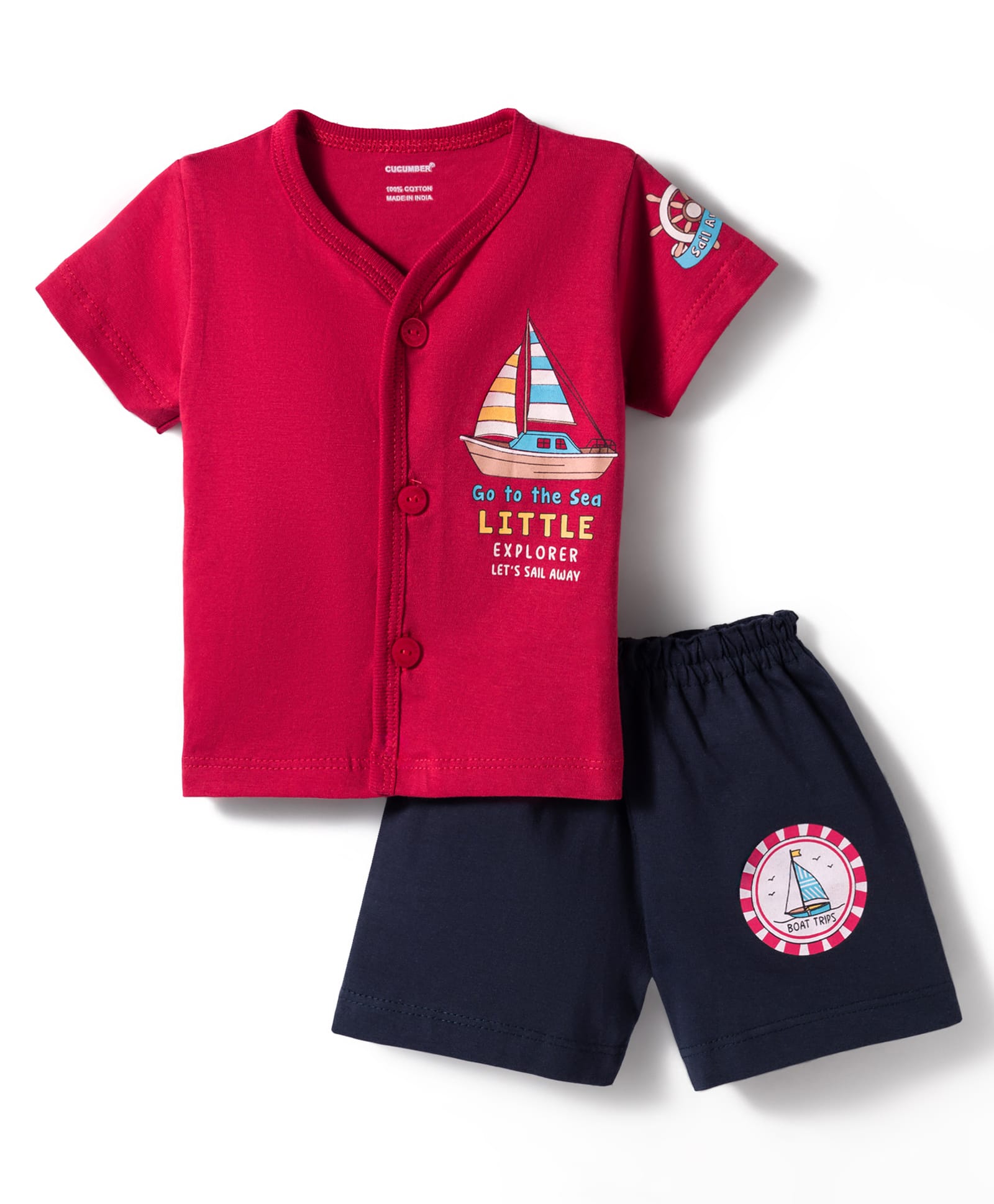 CUCUMBER Knitted Half Sleeves T-Shirt & Shorts Set with Nautical Theme Print - Red-image-22