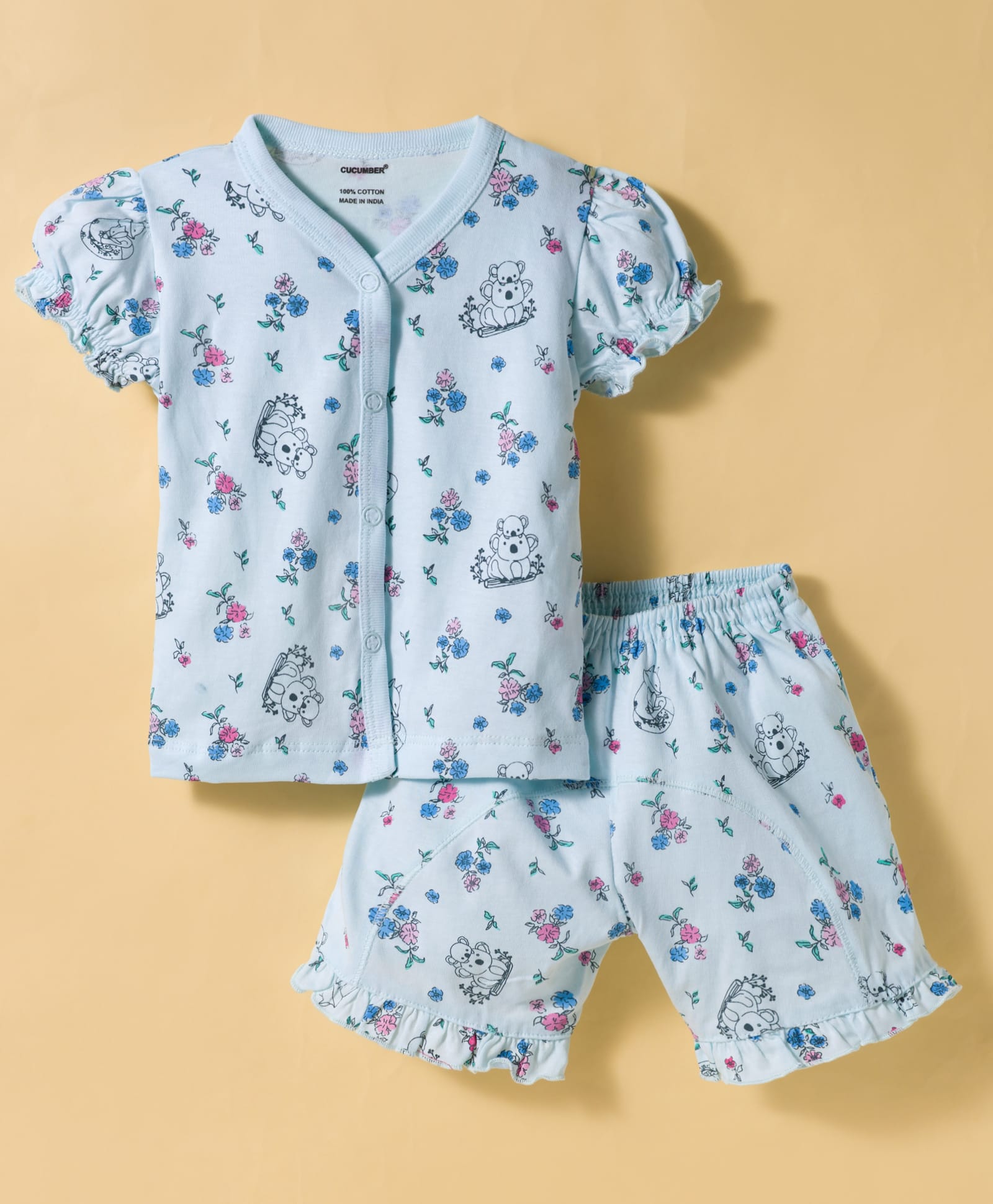 CUCUMBER Knit Half Sleeves Shorts Co-ord Night Suit With Animal & Floral Print - Light Blue-image-28