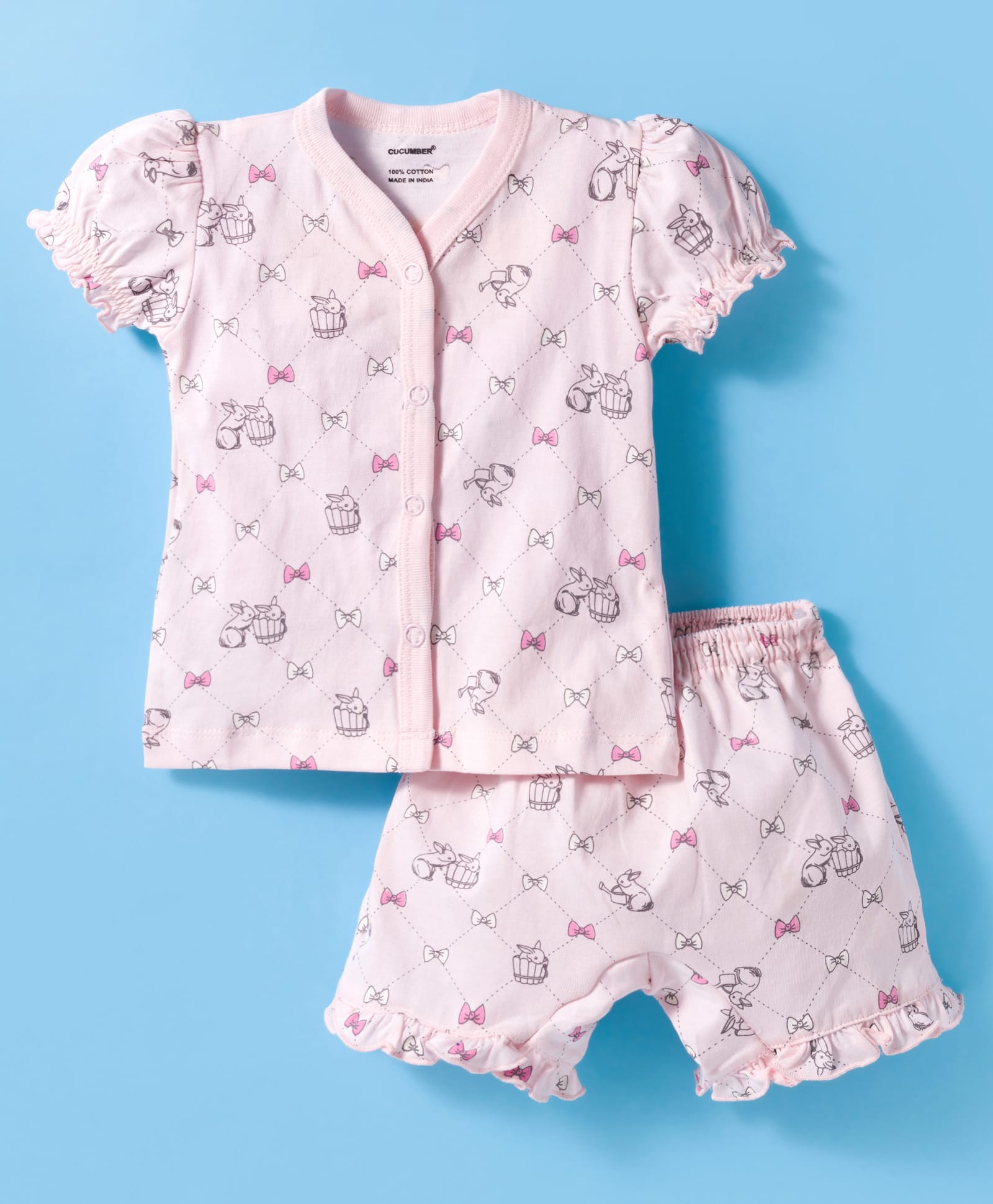 CUCUMBER Knit Half Sleeves Shorts Co-ord Night Suit With Bunny & Bow Print - Baby Pink-image-32
